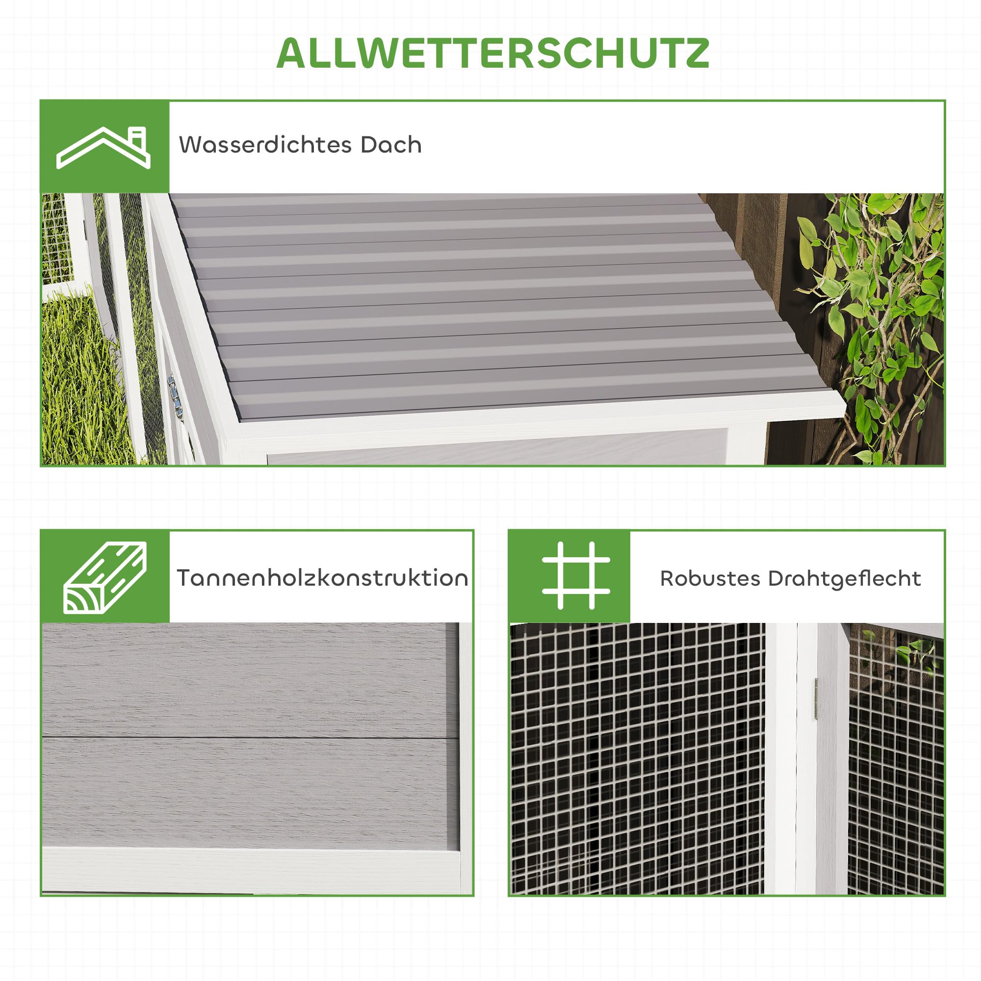 PawHut Pollaio in legno a forma d'angolo 99"L con recinto grigio | 2 case, pollaio esterno, tetto impermeabile, rampe, giardino