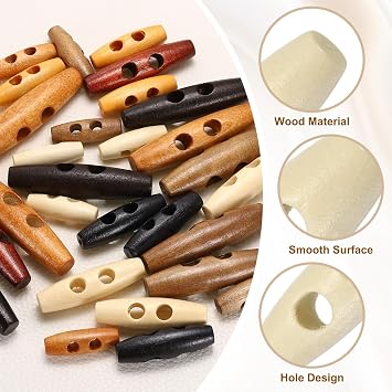 HARFINGTON 25pcs Wooden Toggle Buttons 30mm / 1.2 Double Hole Wood Olive Horn Sewing Buttons for Coat Sweaters Clothing DIY Craft, Light Brown