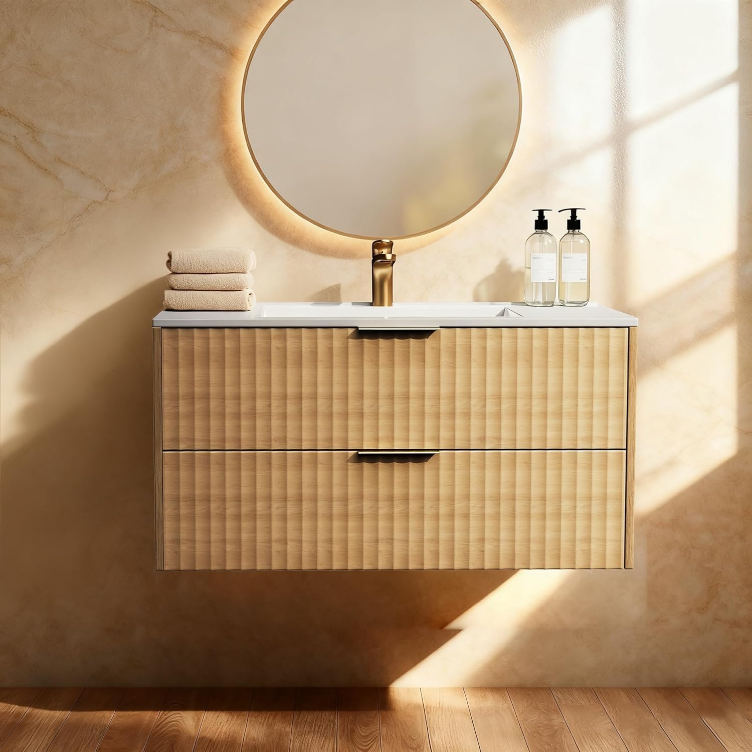 36 Inch Bathroom Vanity with Sink, Modern Floating Bathroom Vanity with Resin Sink, 2 Large Storage Darwers, Wood Grain Texture Wall Mounted Vanity, Gold Handles (36'')