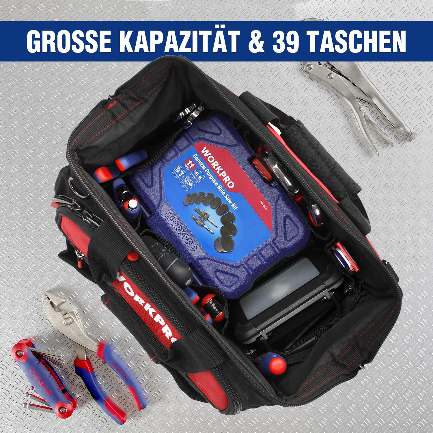 WORKPRO Elektriker Wasserdichte Werkzeugtasche Profi, weite Öffnung & große Kapazität 42CM/16" aus 1680D Polyester, Schultergurt verstellbar, Multifunktion für Heimwerker Handwerker