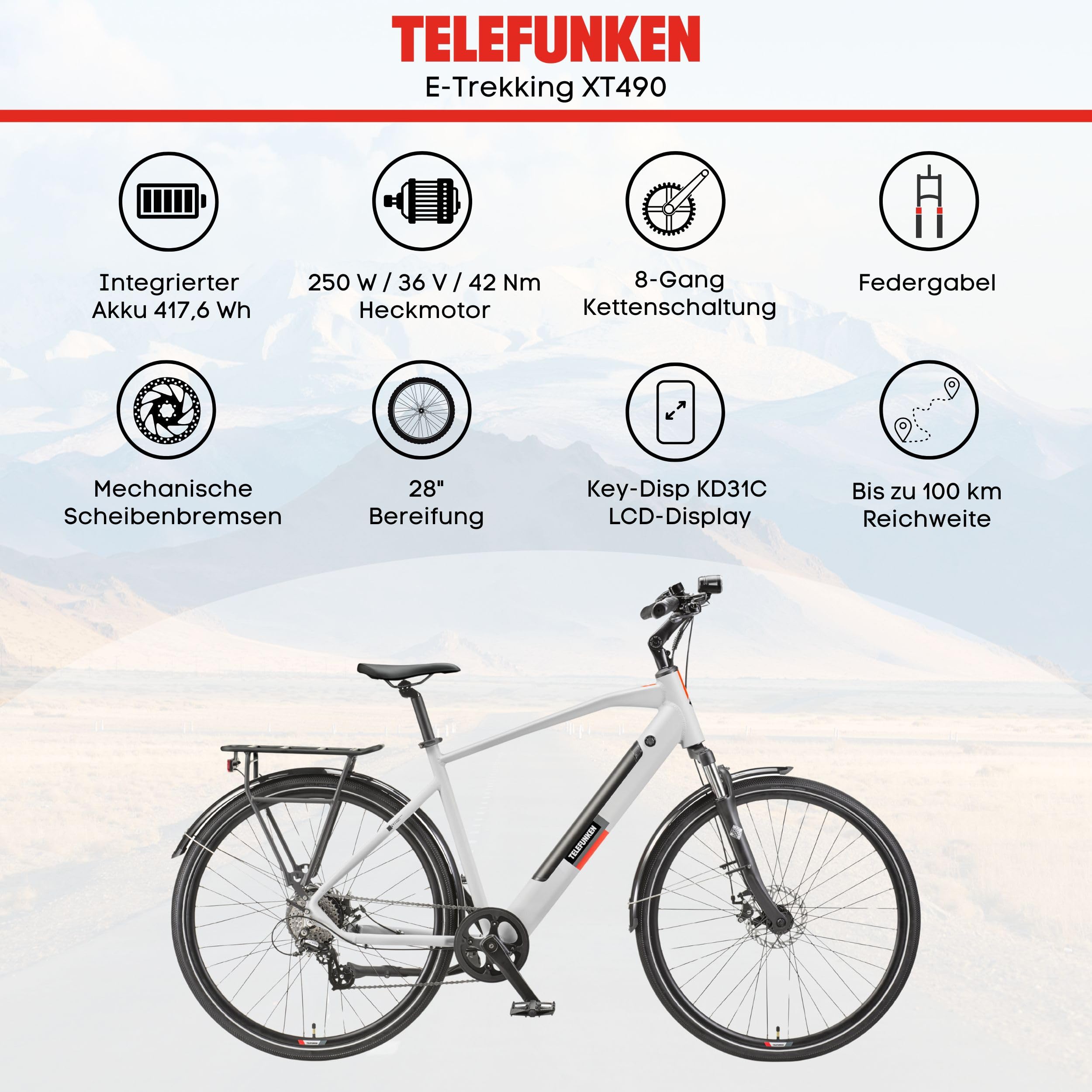 TELEFUNKEN E-Bike 28 Zoll Fahrrad für Herren | Trekking Pedelec mit 8-Gang Kettenschaltung & Scheibenbremsen | Elektrofahrrad mit 250 W Heckmotor & integriertem 417,6 Wh Li-Ion-Akku