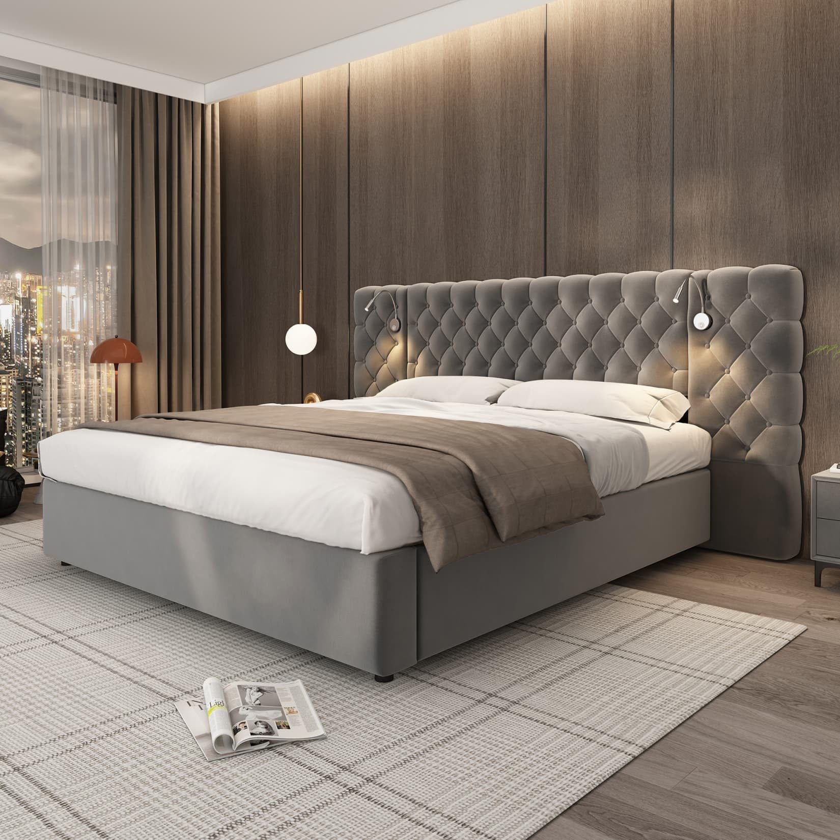 EURHCIO Lit Coffre 180x200cm,Lit Double Adulte avec Lampe de Chevet,Tête de Capitonné Large,Rangement,Sommier à Lattes en Bois,Tissu de Velours,Gris,sans Matelas (180)