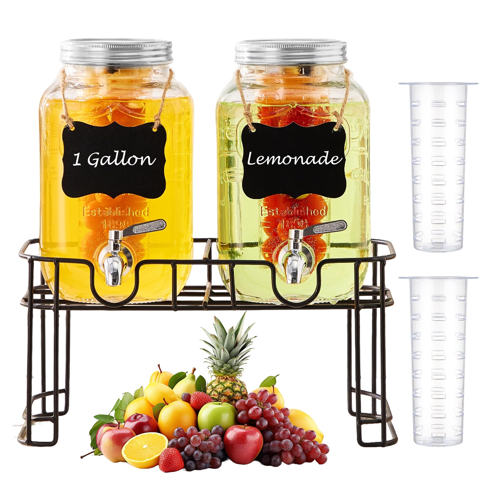 View 1 of 1 Gallon Glass Beverage Dispenser Set of 2 with Stand & Fruit Infuser, Stainless Steel Spigot, Beverage Dispenser for Parties, Weddings, BBQs, Lemonade, Sun Tea, Juice & Cold Drinks