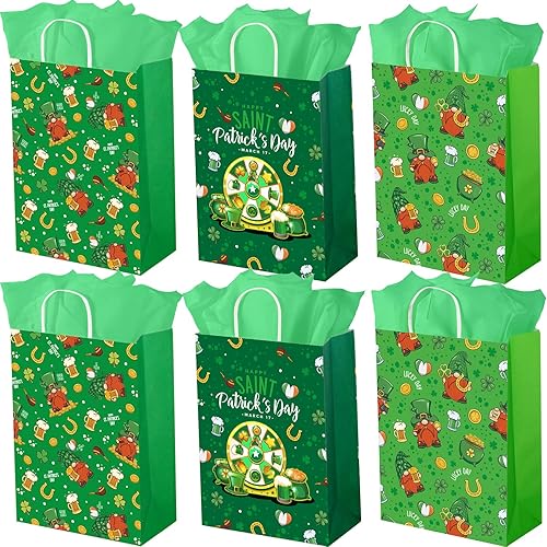SPERPAND 24 bolsas de regalo para el día de San Patricio con 24 pañuelos, bolsas de papel con asas, bolsas de trébol verde con trébol, accesorios de