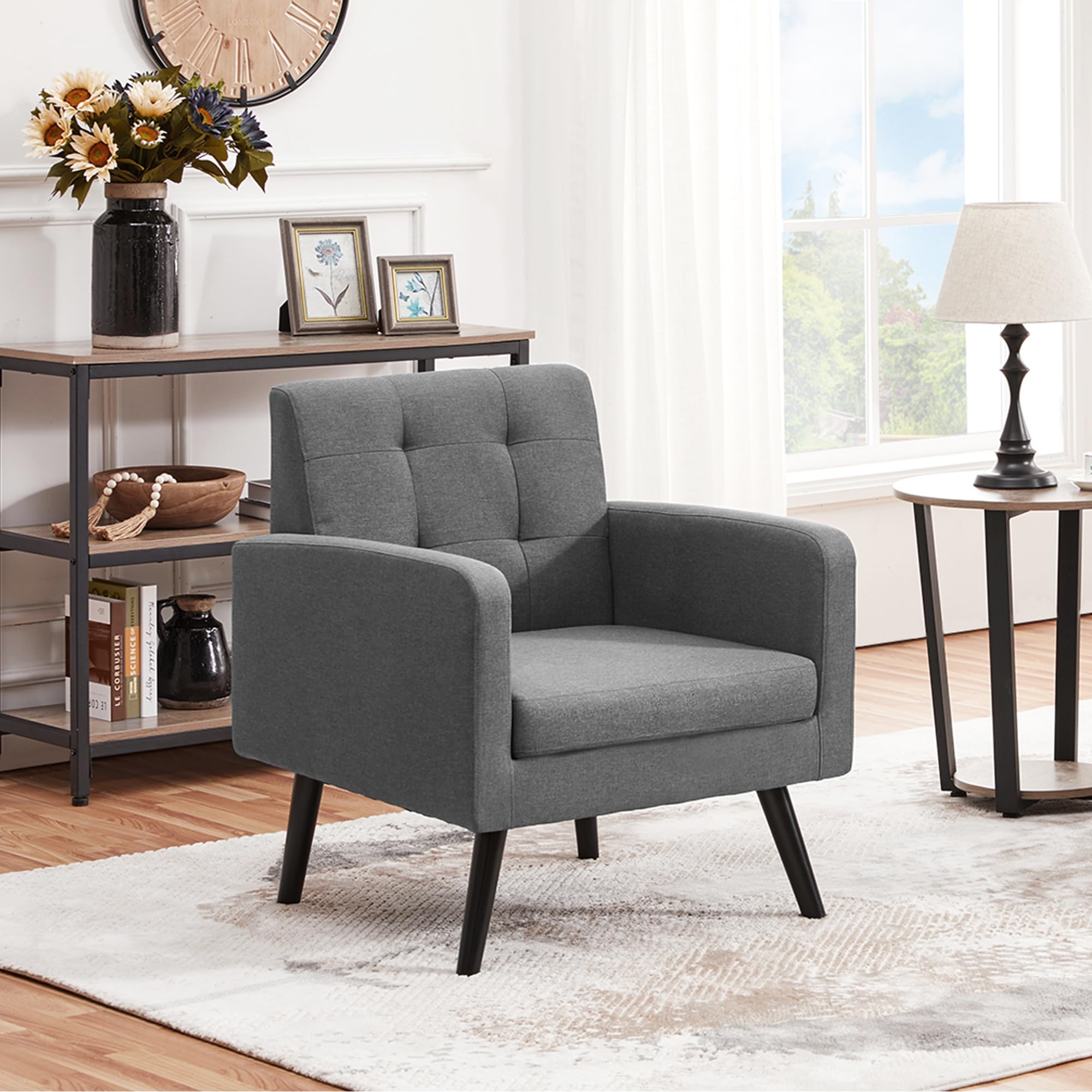 Yaheetech Ohrensessel Sessel mit Armlehnen, Lounge-Sessel Relaxsessel mit getufteter Rückenlehne, Modern Sessel bis136 KG belastbar, für Wohnzimmer, Schlafzimmer, bis136 KG belastbar, Grau
