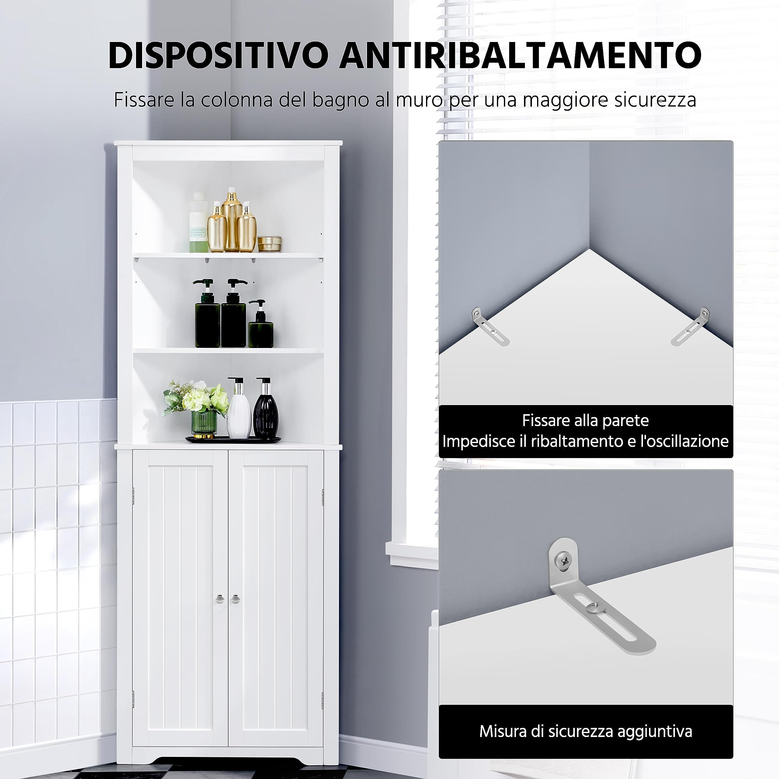 Yaheetech Mobile da Bagno Armadietto a Colonna Alto d'Angolo 163 x 60 x 43 cm Mobiletto Cucina Autoportante con 3 Ripiani Aperti in Legno Armadio Triangolo Moderno Multiuso da Terra Bianco