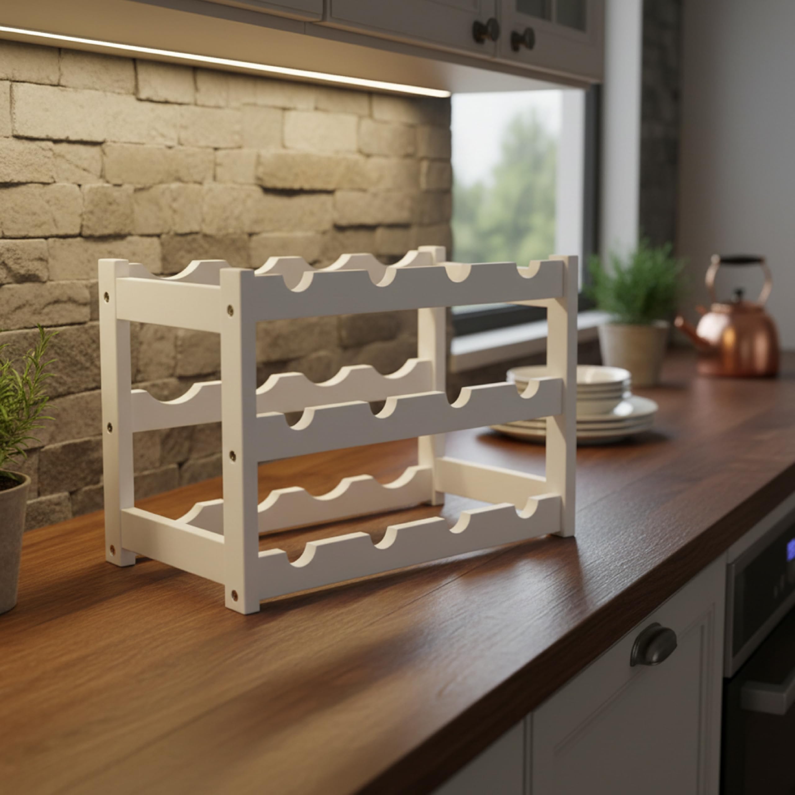 Baroni Home Cantinetta Portabottiglie in Legno, 3 Ripiani per 12 Bottiglie, Espositore Vino per Cucina, Bar e Cantina, Facile da Montare, 24x46x30 cm (Bianco)