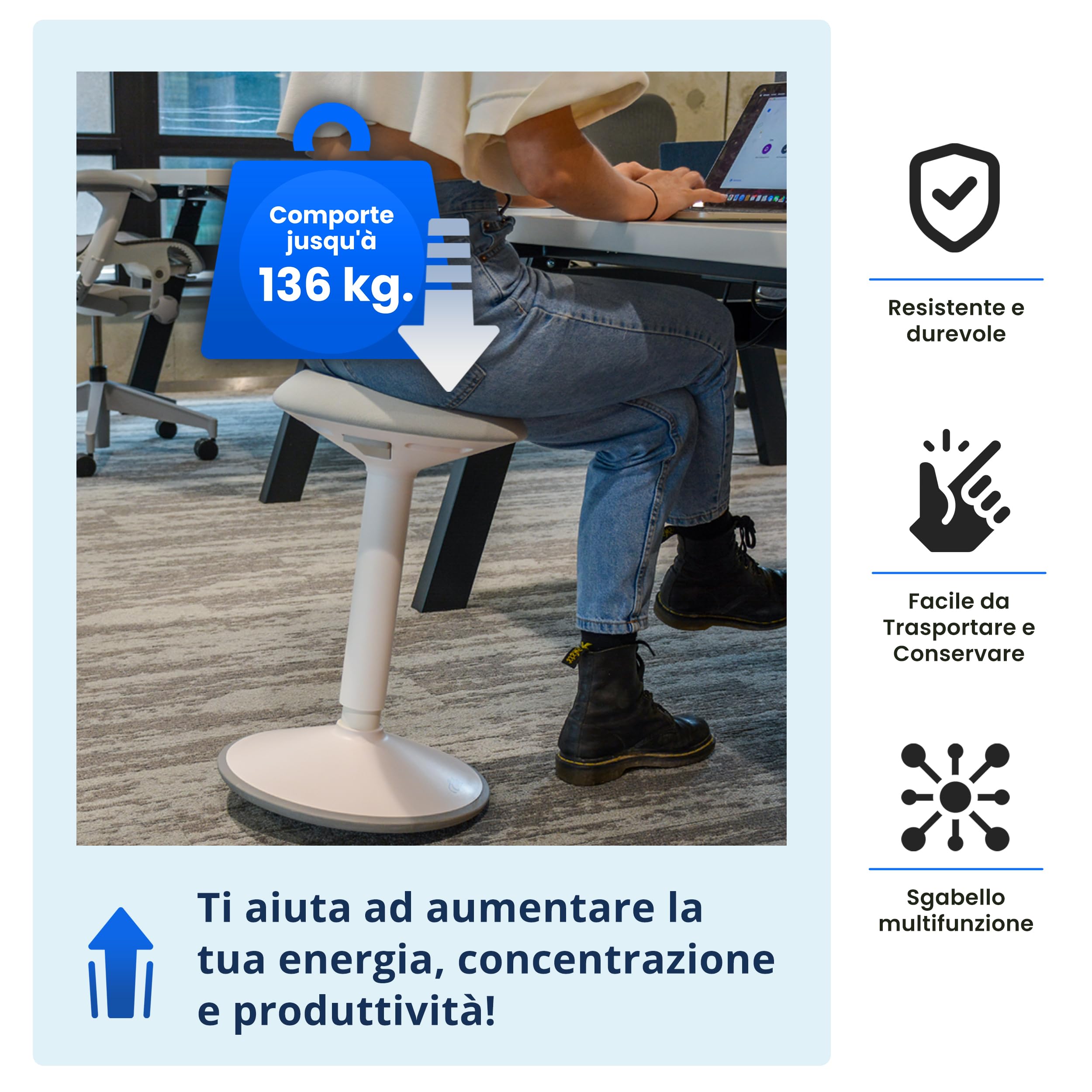 Backerz Sgabello Ergonomico - Sgabello Girevole da 55 a 80 cm con effetto dondolo - Sedia da Ufficio per Casa, Ufficio, Studio - Cuscino a Schiuma, Esterno in Lino Impermeabile - Bianco Opaco