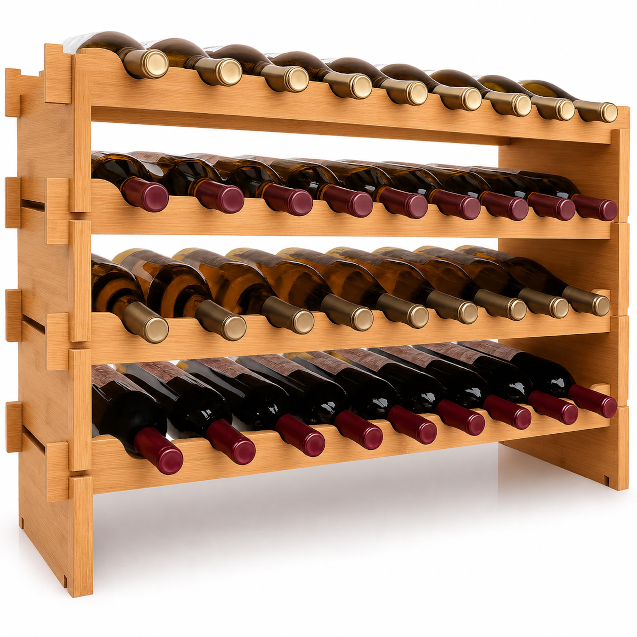 NutriChef 36 Bottle Wine Rack Stackable Bamboo Freestanding, 4-Tier Modular Shelf, Sturdy Wobble Free, Upgraded 2026 Design, Easy No-Tool Assembly for Kitchen, Cellar or Bar Storage 33.5" x 10" x 21"