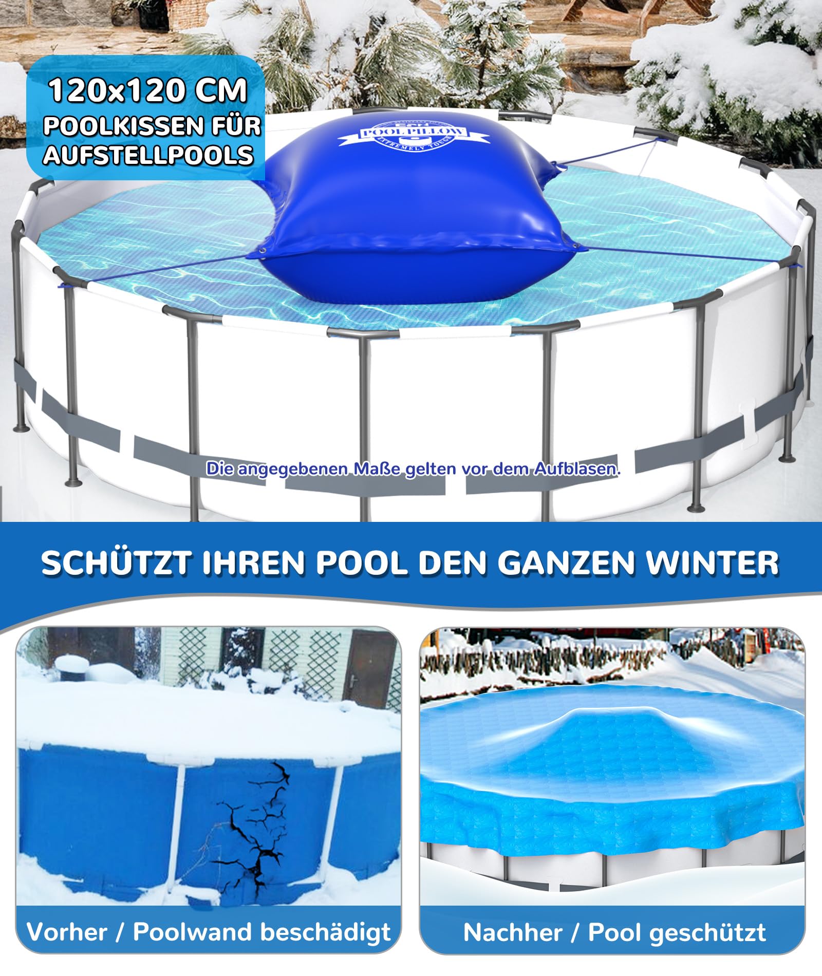 EPN Poolkissen für Aufstellpools, 120x120 cm, 0,5 mm Starkes kältebeständiges PVC Luftkissen für Poolabdeckungen mit Befestigungsseil, Winter Poolkissen zur Poolüberwinterung und EIS-Druckentlastung,