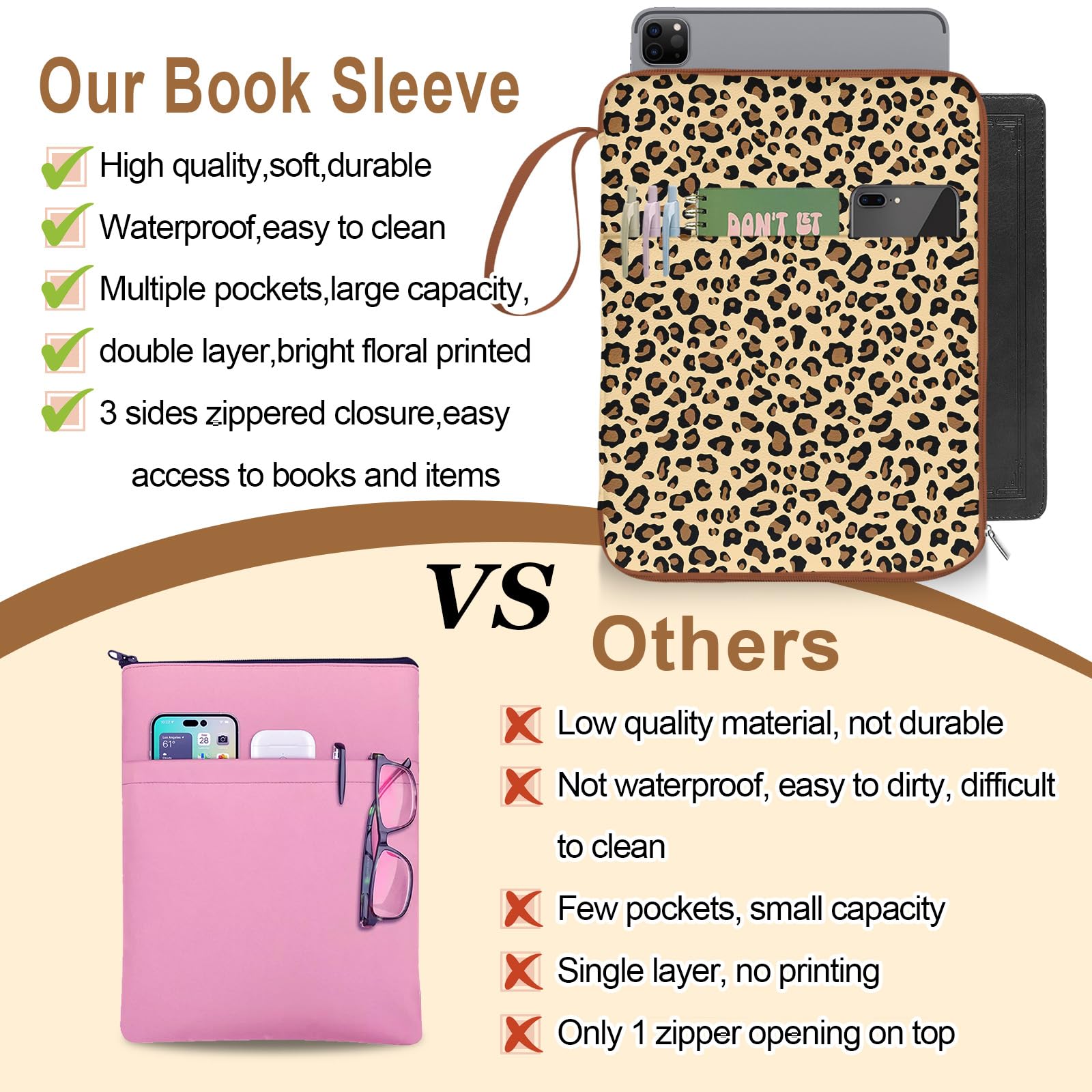 Custodia per libri leopardata con cerniera, custodia protettiva per libri in brossura, copertina rigida e libri biblici, borse con tasche e tracolla, custodia per libri per amanti dei libri, regali