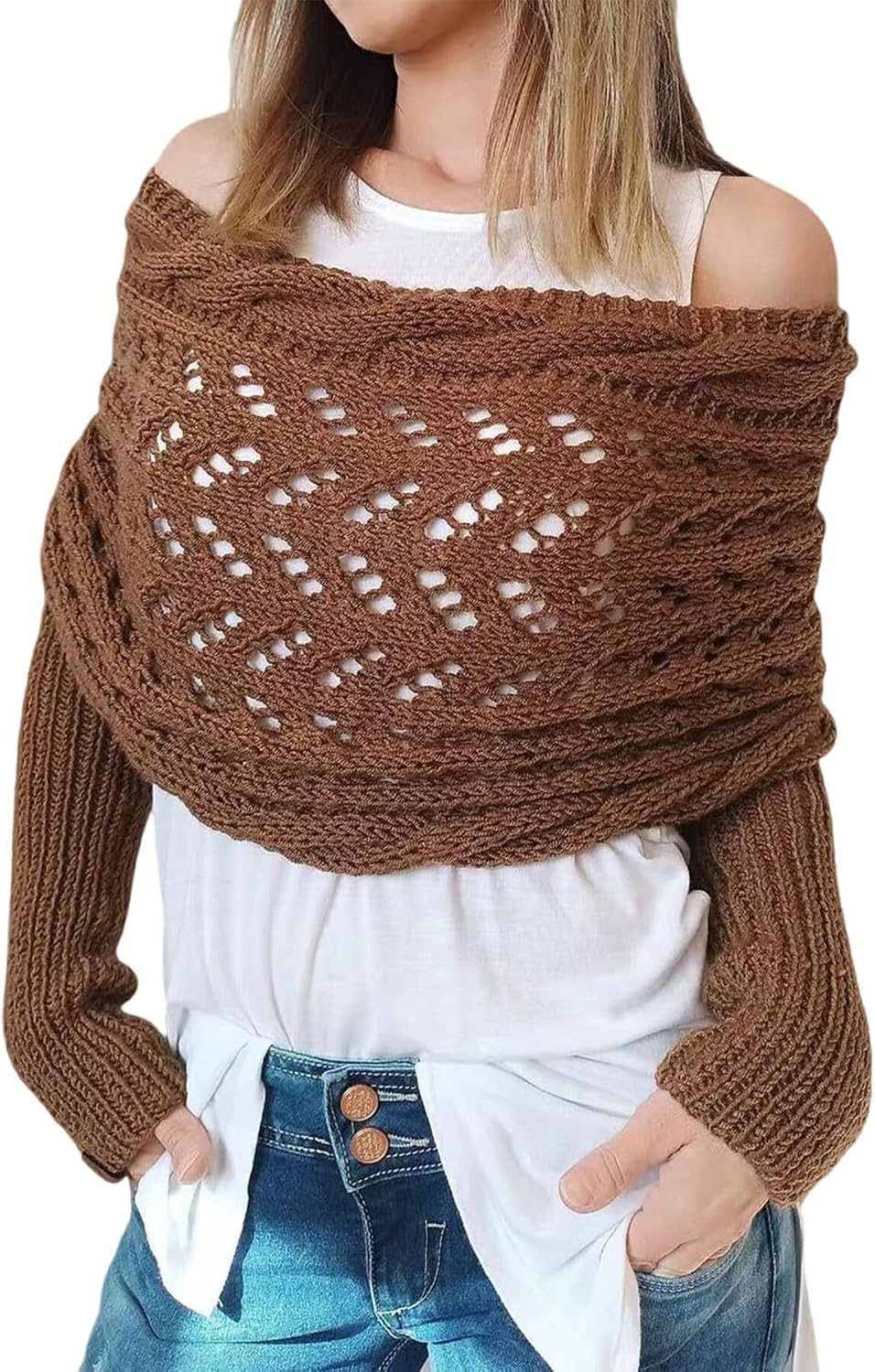 Womens knitted double sleeve scarf with sleeves Knitted cable wrap, shrugs for women, knitted wrap