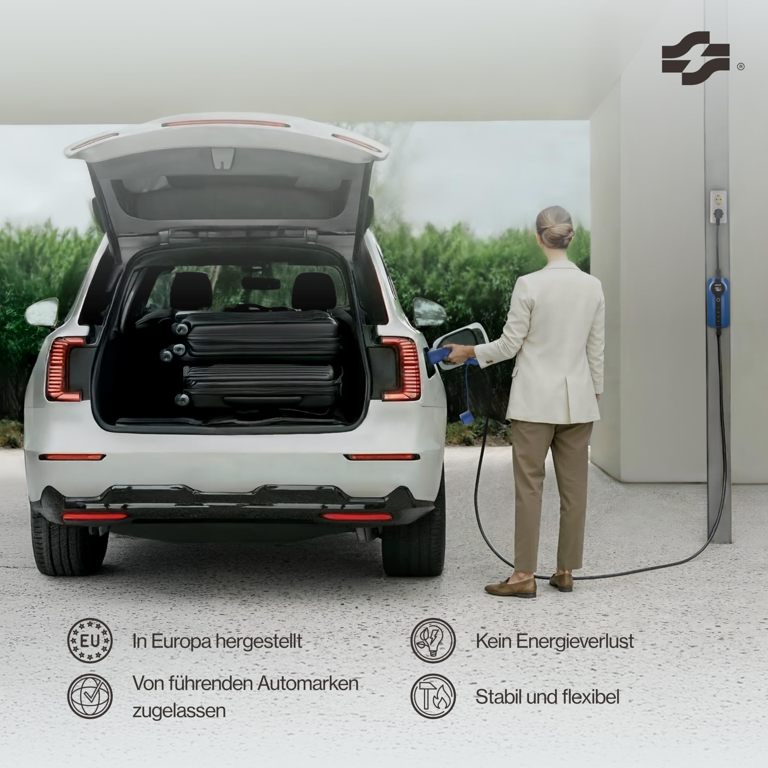 VOLDT Typ 2 Ladekabel Schuko 3,7 kW, 1-phasig, 8A - 16A, verstellbare EV-Ladegerät mit steuerbarer Digitalanzeige für Elektroauto, Ladekabel für Elektrofahrzeuge, IP67 wasserdich