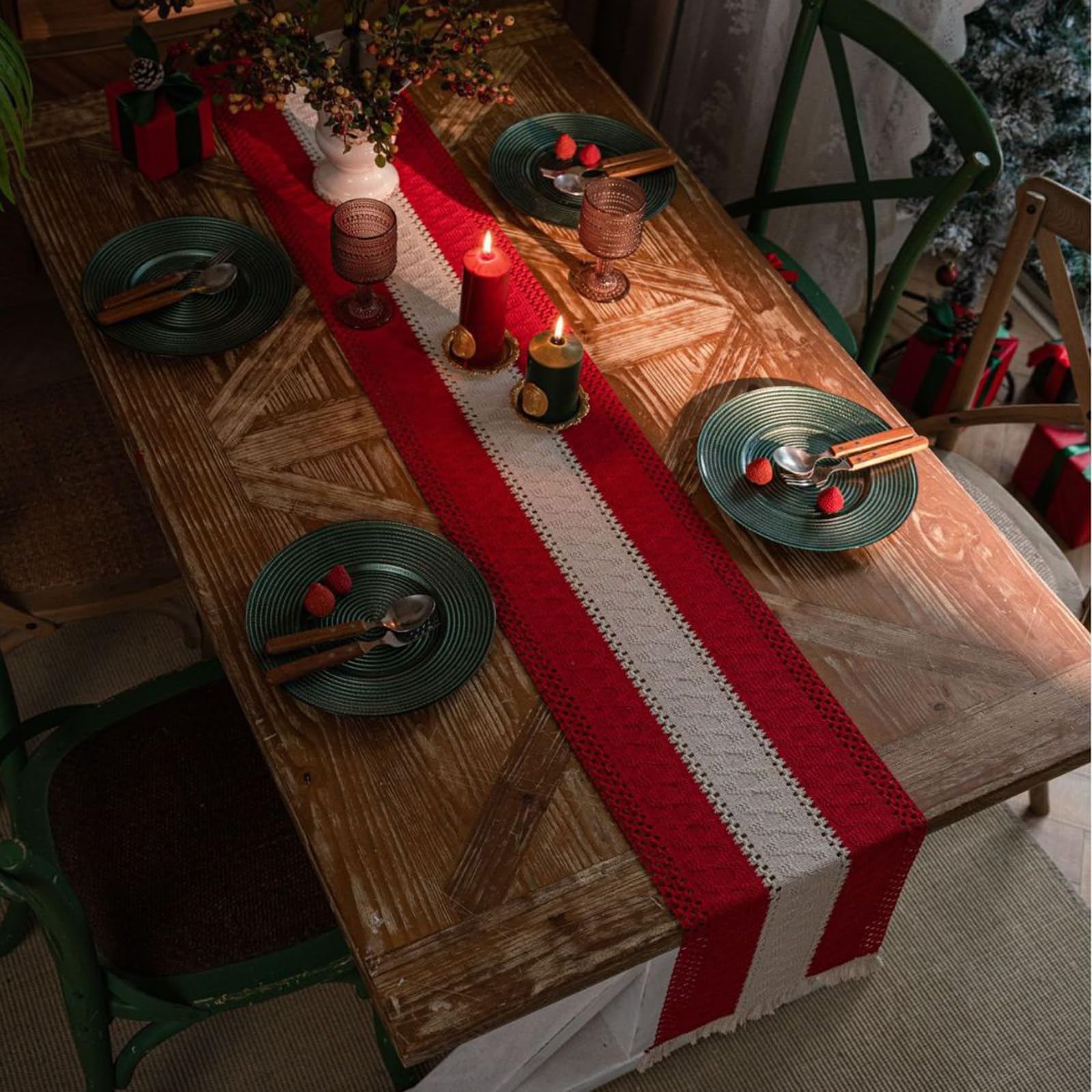 Rustykalny bieżnik z frędzlami, ręcznie tkana bawełna i len Dekoracja stołu wiejskiego Bieżnik na przyjęcie świąteczne, dekoracje w stylu vintage Boho czerwone po obu stronach 30*400 /83