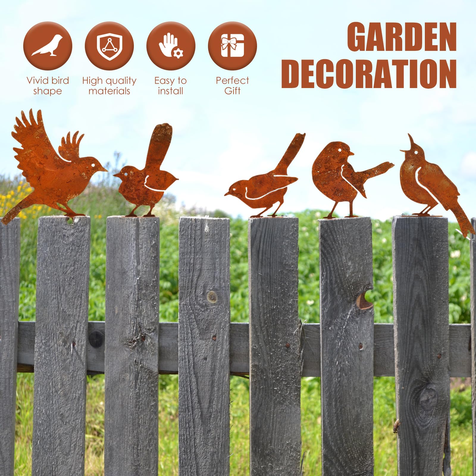 Ornamenti da giardino in metallo per uccelli, per decorazione esterna, perfette per recinzioni, rami e davanzali, set di 5 uccelli in metallo arrugginito