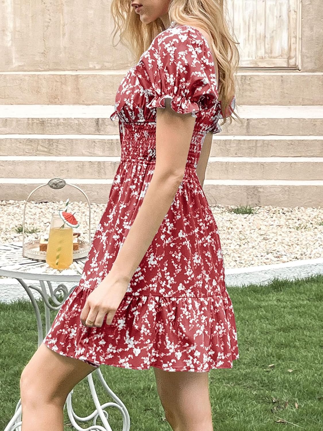 Imily Bela Womens Summer Dress Ruffle Sleeve Sqaure Neck Smocked Sun Dress Casual Boho Beach Floral Mini Dress - Image 3