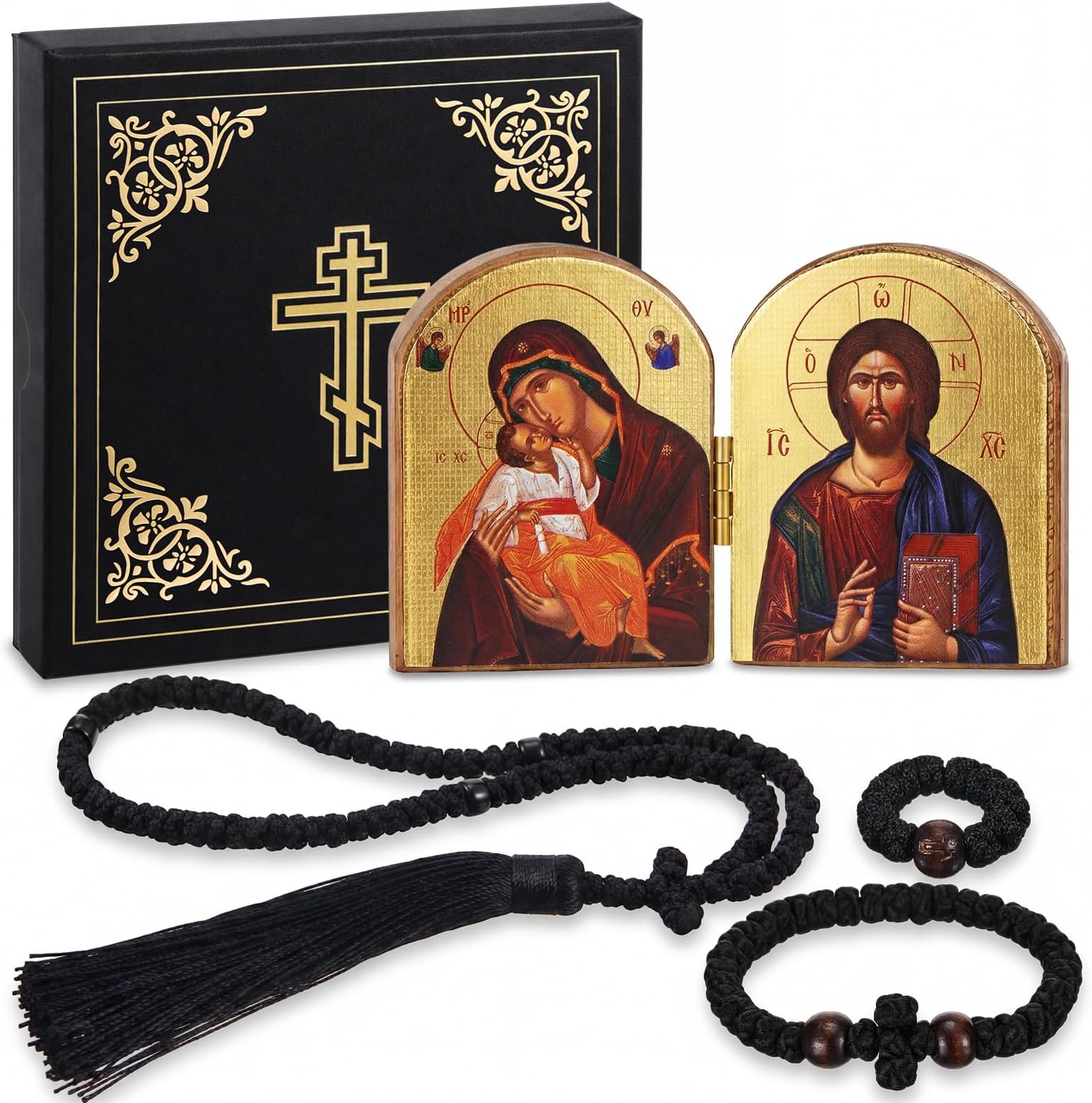 Kigeli 4 Pcs Orthodox Prayer Set with Mini Orthodox Icon Diptych Handmade 100 Knot Prayer Rope and Christian 33 Knots Bracelet and Finger Ring for Spiritual Blessing Baptism Easter Gift