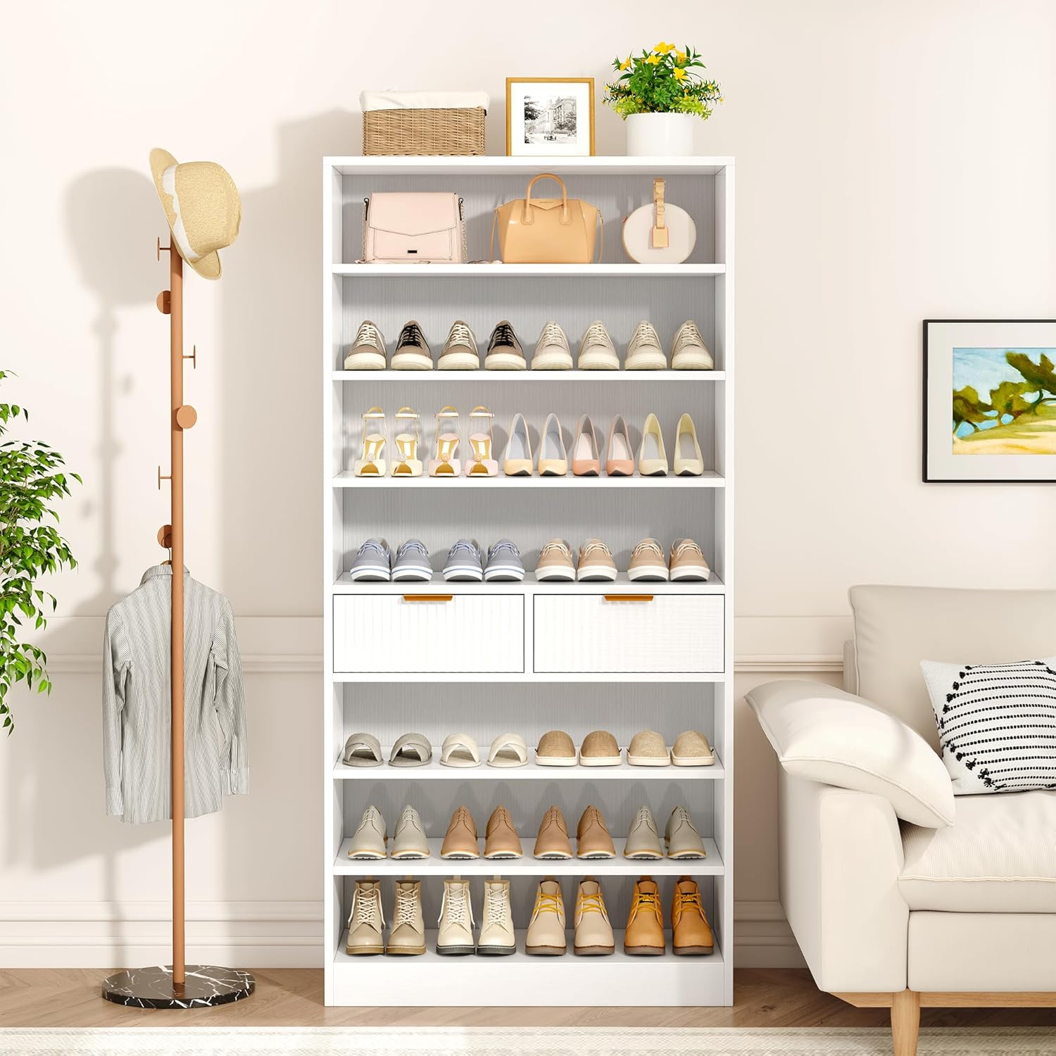 Shoe Storage Cabinet, 67" Tall Shoe Organizer Cabinet for Entryway, 7 Tier Vertical Free Standing Shoe Rack for Door, Wood Shoe Rack with 2 Drawers for Closet, Hallway, White
