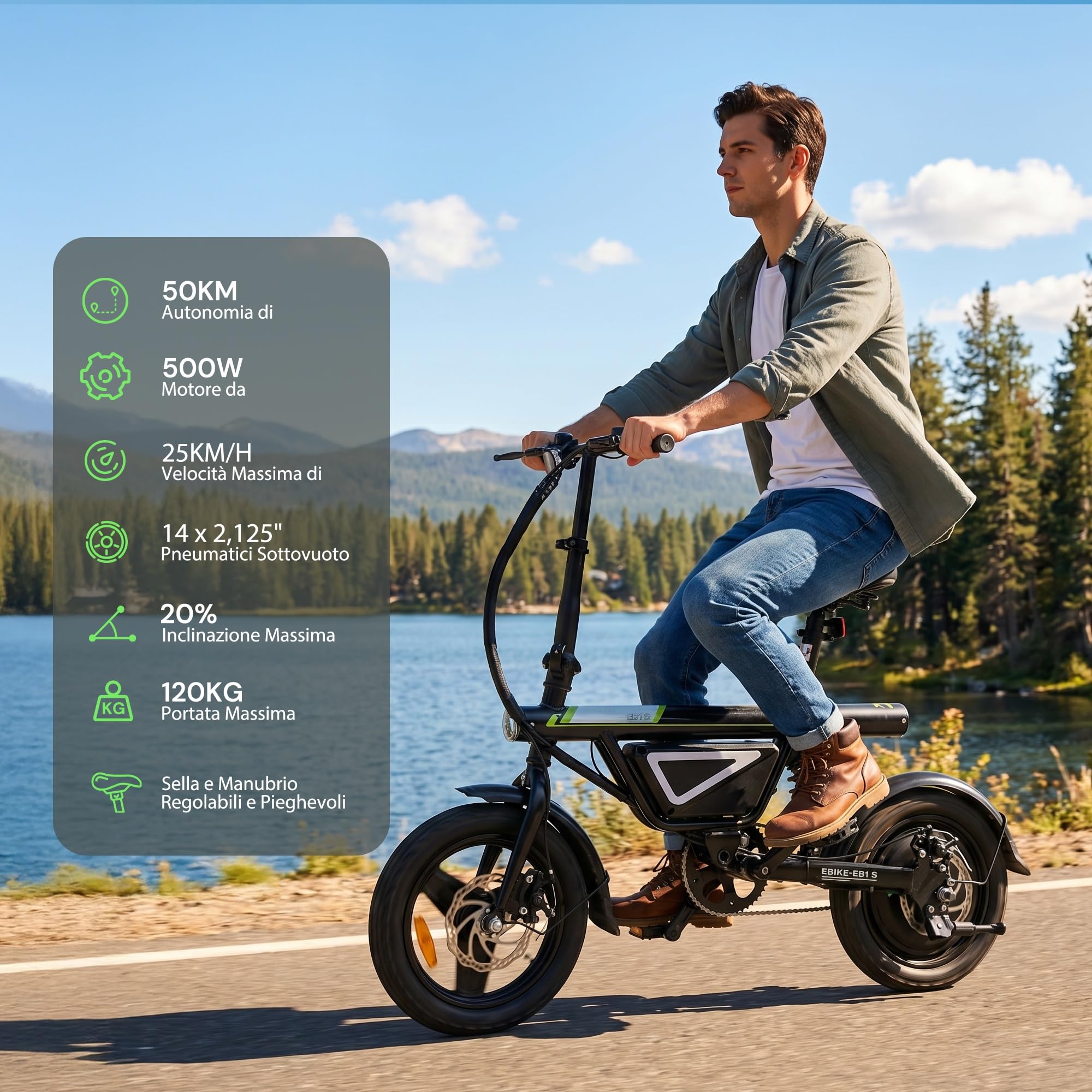 Finbike Bici Elettrica Pieghevole 14", 432WH Batteria, Autonomia di 30-50 KM, Motore 250W, E-Bike per Adulti e Adolescente, Carico 120kg, 10/15/25KM/H