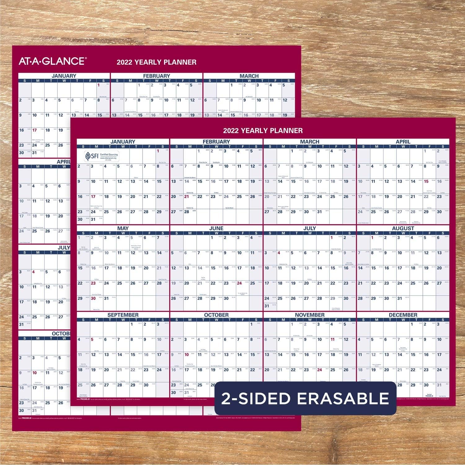 2022 Erasable Calendar, Dry Erase Wall Planner by AT-A-GLANCE, 12" x 16", Small, Vertical/Horizontal, Reversible, Compact (PM330B28) : Office Products