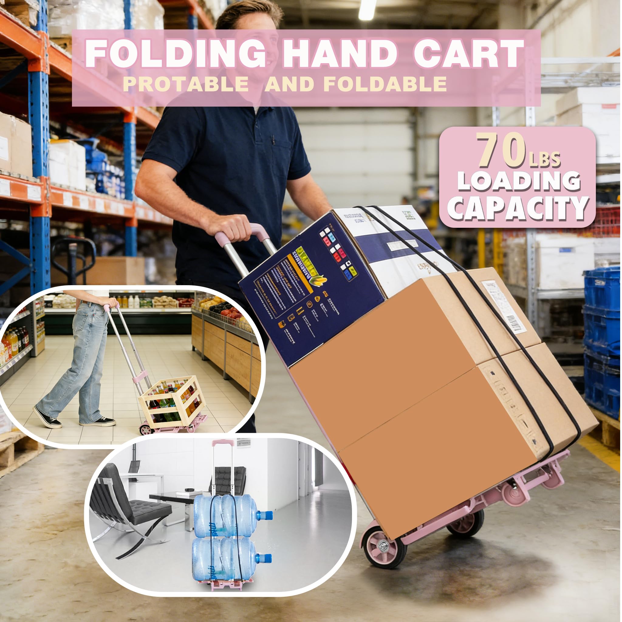 ZHJINGYU Aluminiowy wózek transportowy składany, 35 kg z drążkiem teleskopowym – 2 linki ekspanderowe w zestawie – lekko poruszające się koła – idealny do gospodarstwa domowego i przechowywania (2