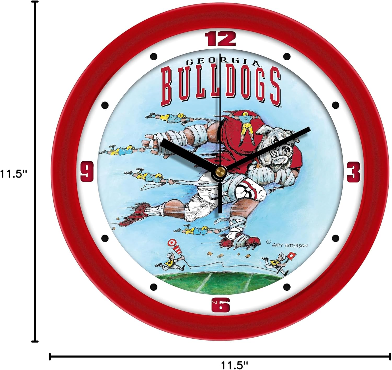 SunTime Georgia Bulldogs Football Wall Clock, Down The Field by Gary Patterson, Non Ticking Silent Movement, 11.5"
