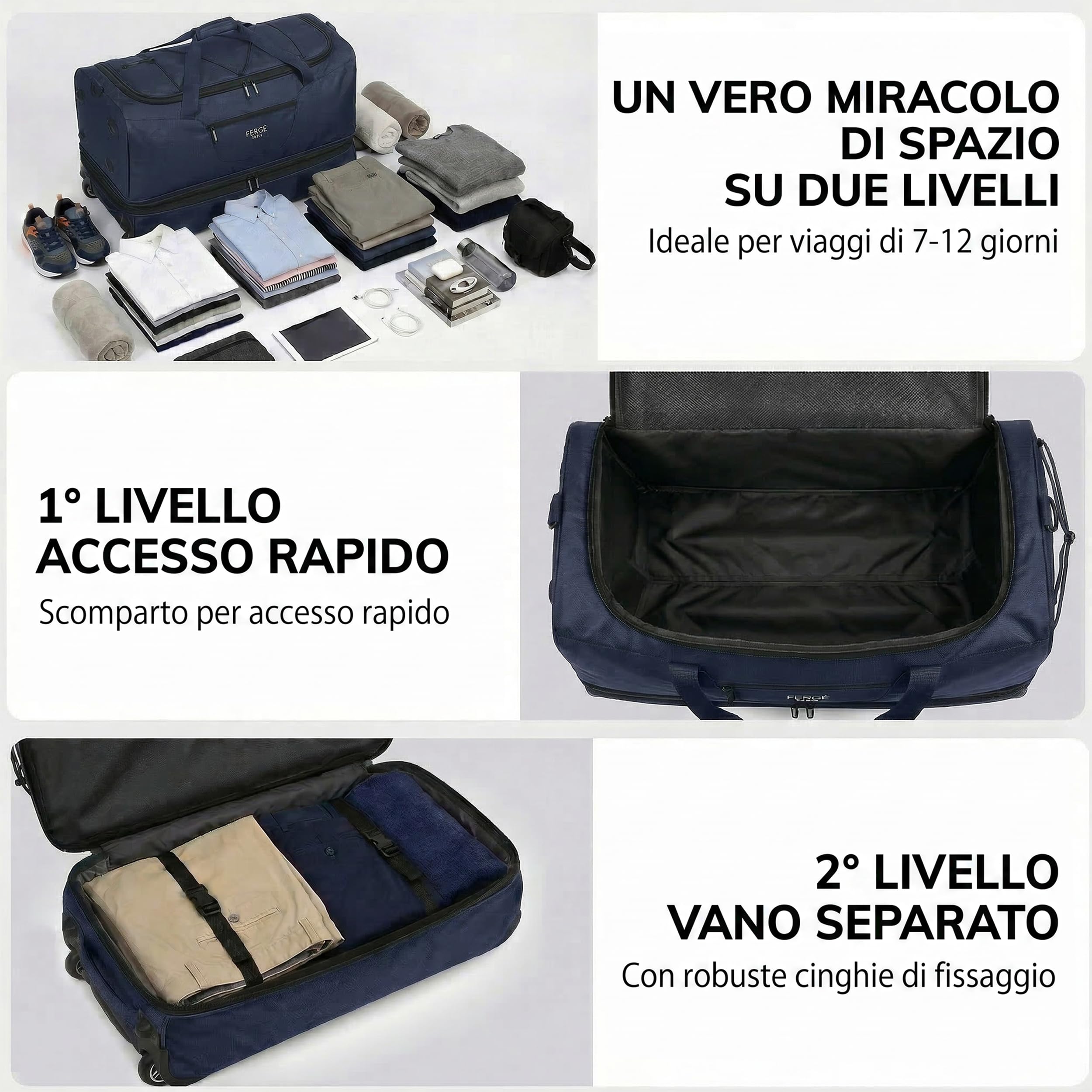 FERGÉ XL borsa da viaggio capiente con rotelle, espandibile e scomparto per scarpe - Trolley con cinghie di fissaggio, borsa da viaggio morbida, Weekender PARIS