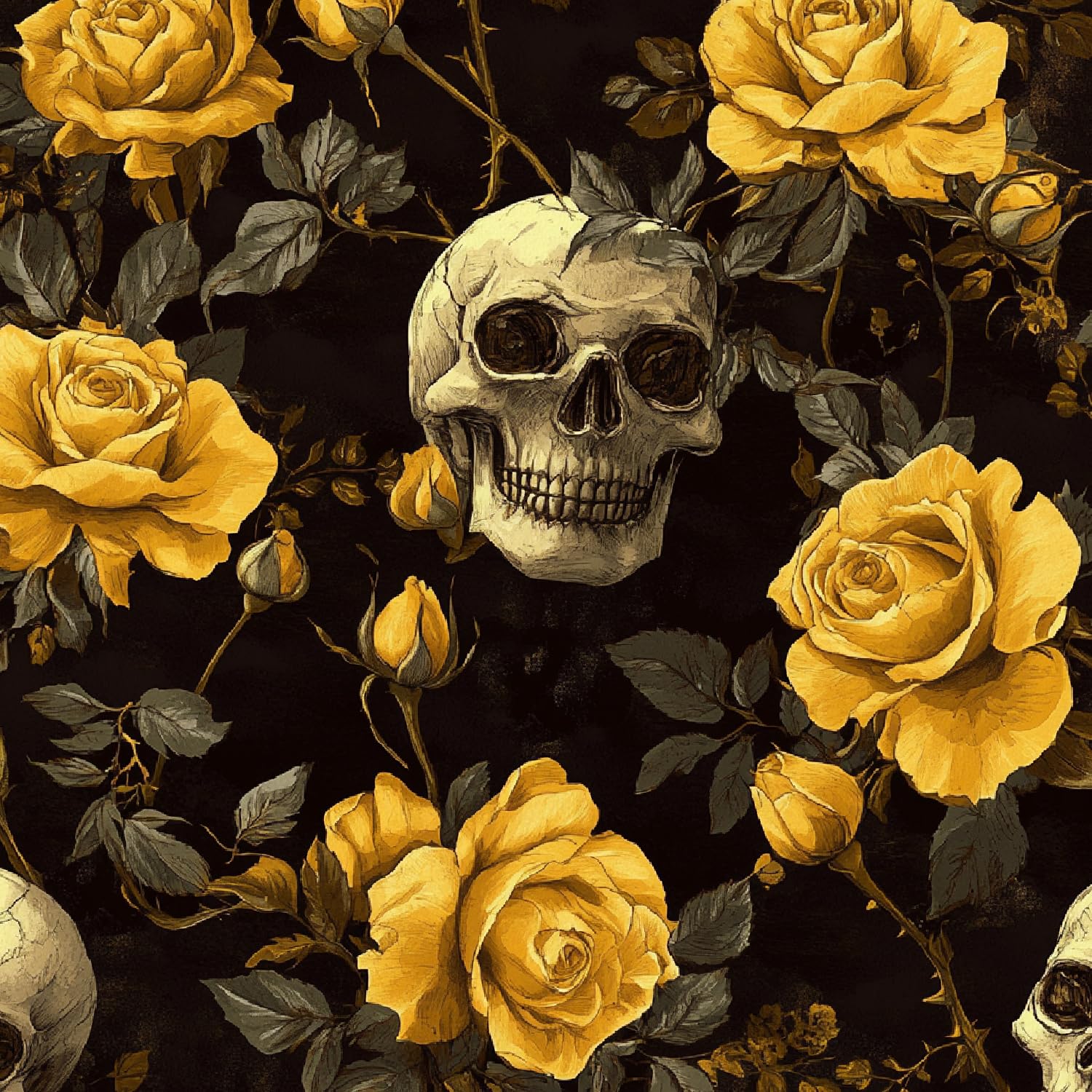 Peel and Stick Wallpaper Matte Thick Natural Style Waterproof Sticky Back Wall Paper Yellow Flower Skull 45x200CM Self Adhesive Removable Contact Paper for Home Cabinets Furniture Decor