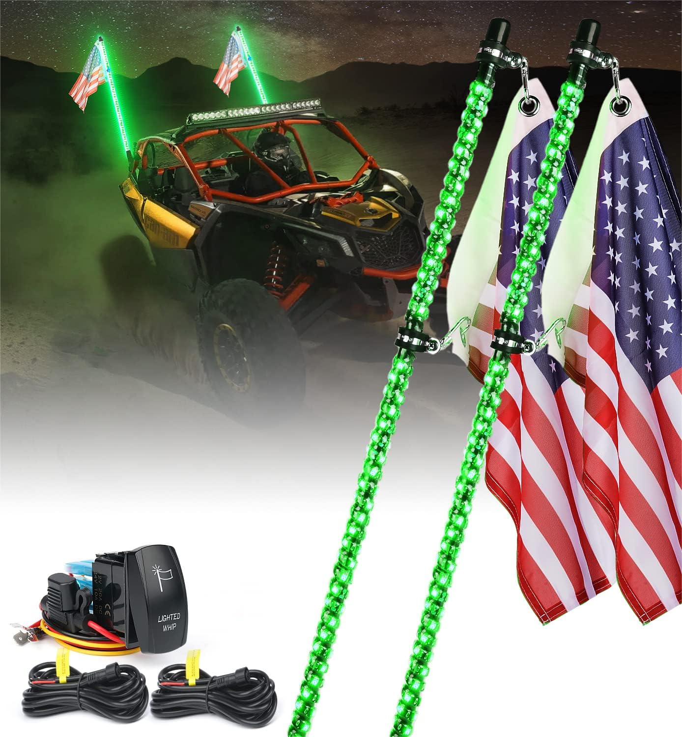 Xprite Red LED 4FT Spiral Whip Lights, 2PCs Flexible Whip Pole Safety Lighted Antenna w/American Flag for Sand Dune Buggy Offroad UTV ATV Polaris RZR Can-Am Maverick X3 4X4 Trucks Jeep Side by Side