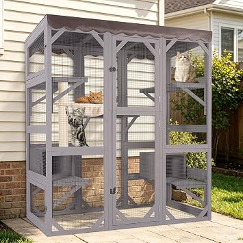 Large Catio Outdoor Cat Enclosure for 2-6 Cats, Walk-in Catio Cat Patio with Platforms, Wooden Outdoor Cat House, Window Cat Enclosure, Weatherproof Roof, Full-Height Door