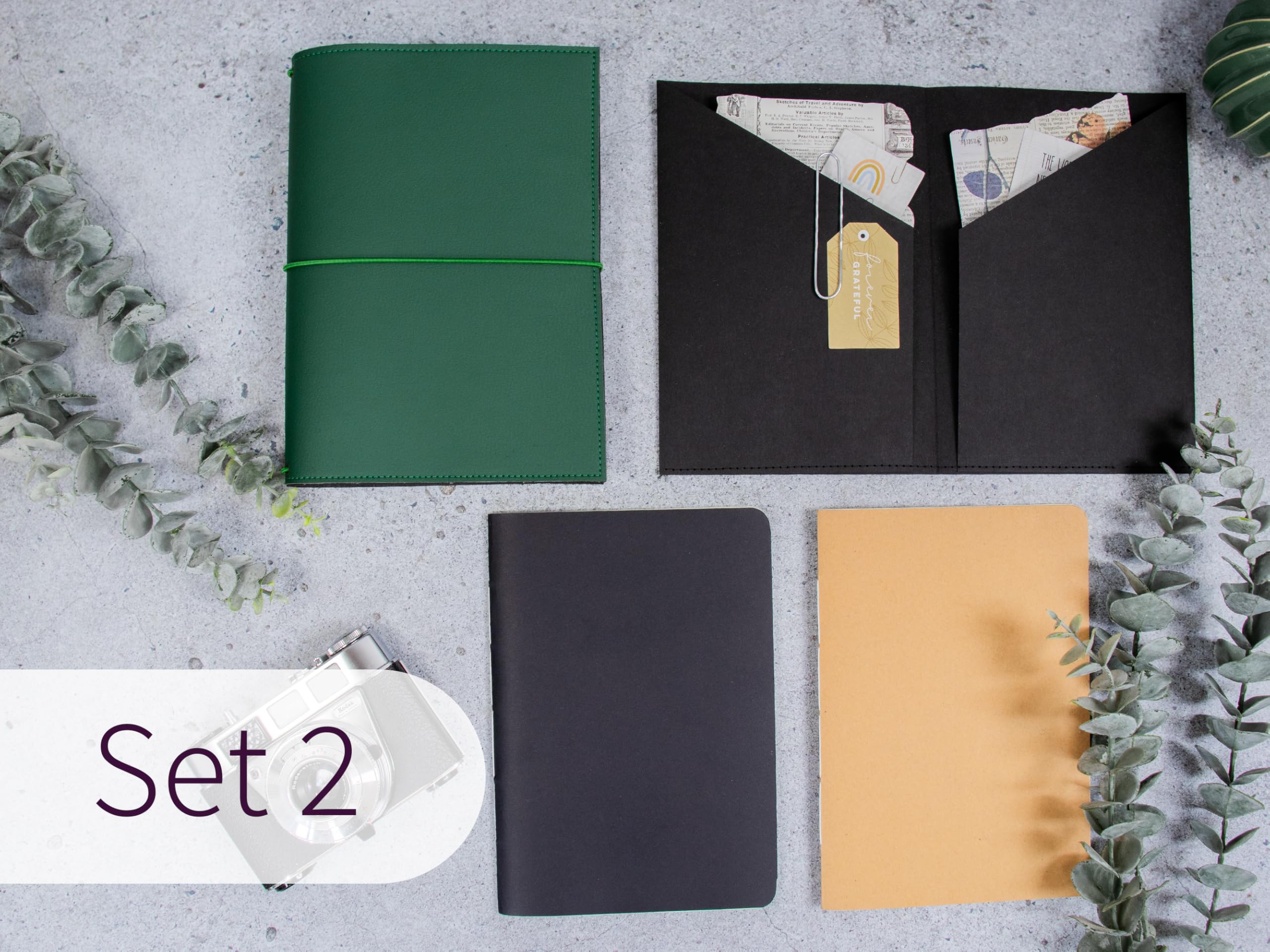 Travelers Notebook, dunkelgrün, –verschiedene Größen, nachfüllbar – Handmade Journal aus Kunstleder, Platz für 2 Hefte, optional mit Notizheften, dots oder blanko