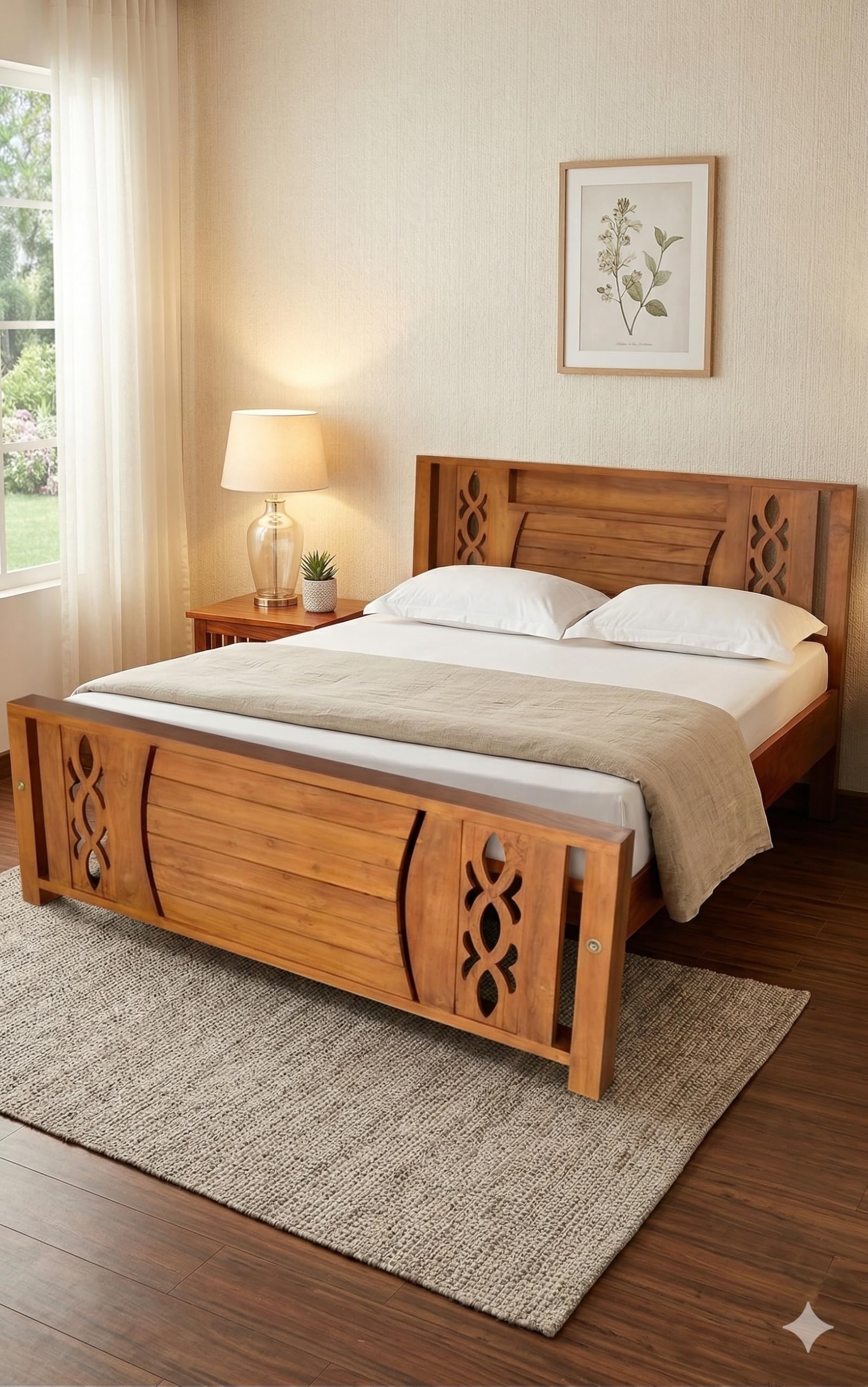 Daryoo - Modern Solid Teak Wood Queen Size Bed | Storage Headboard | Rich Teak Finish Cot for Bedroom Furniture-image-36