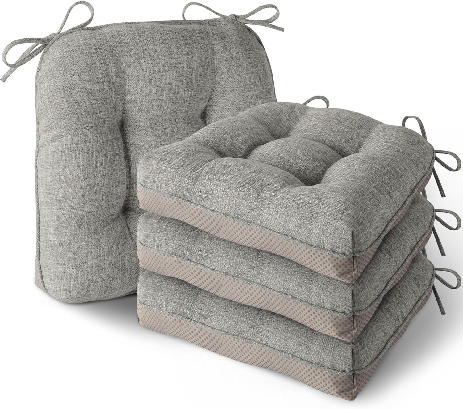 Indoor Kitchen Chair Cushions Set of 4 Non Slip Tufted Chair Pads with Ties Thick Dining Room Seat Cushions 16'' x 16'' x 4'' Light Grey 4 Light Grey