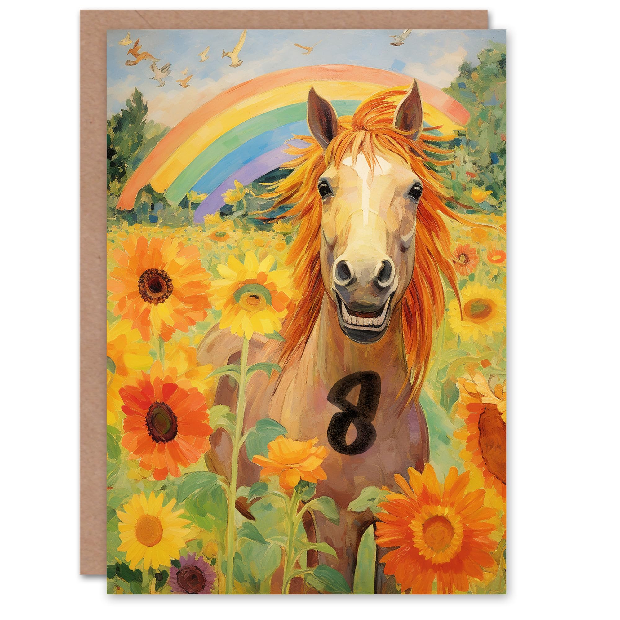 8th Birthday Greeting Card Rainbow Horse Sunflowers Kids Age 8 Year Old Child