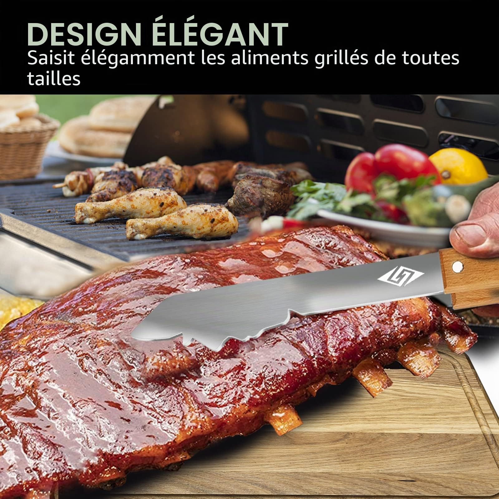 Pince à gril pour barbecue extérieur, Outil de gril de 43 cm de long, ustensile de barbecue en métal, manche en bois, outil de barbecue amusant pour griller