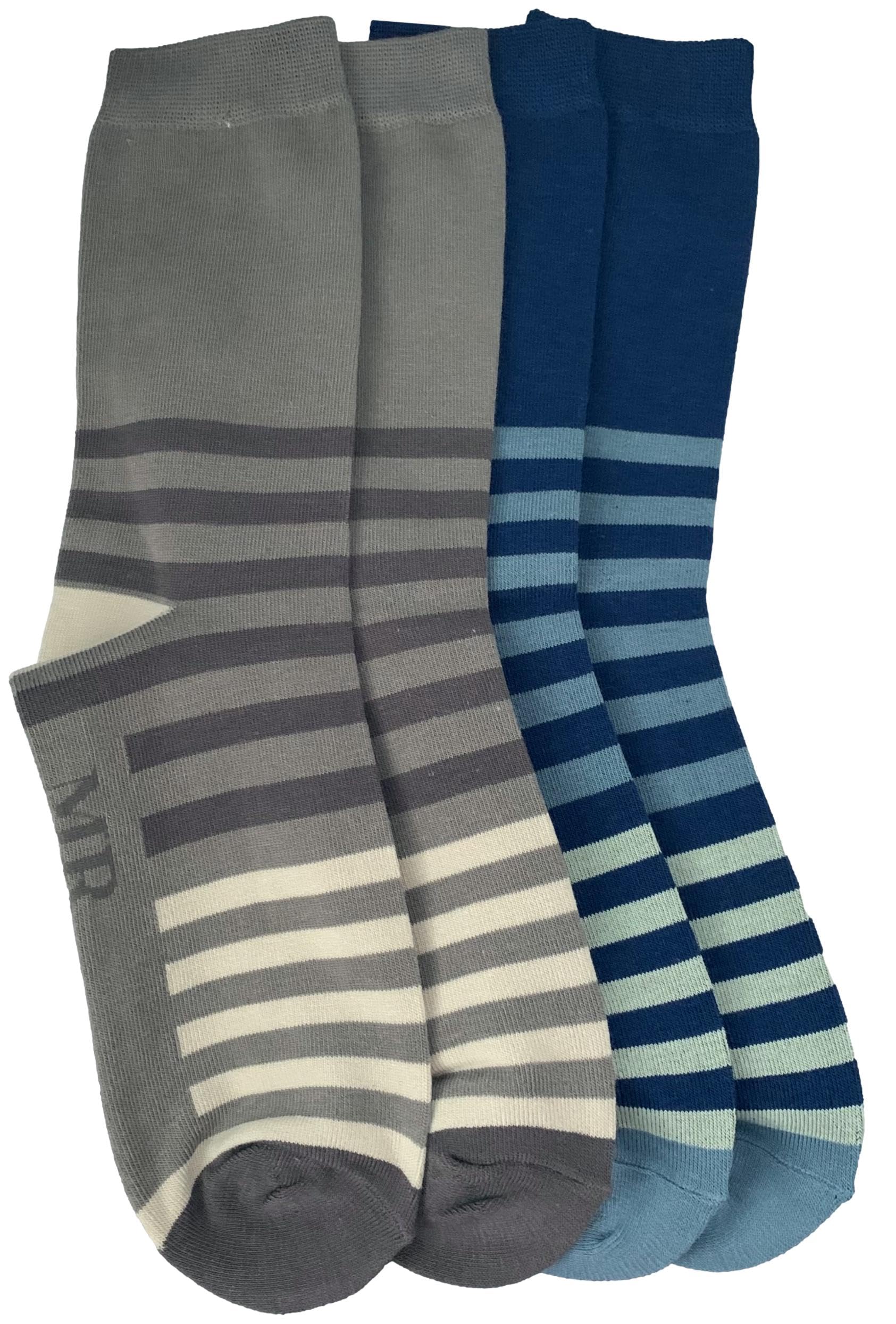 Purple Possum® Mens Socks Striped Novelty Fun Cotton Bamboo Blend Stripes Stripy UK Size 7-11 (Grey and blue 2 Pack)