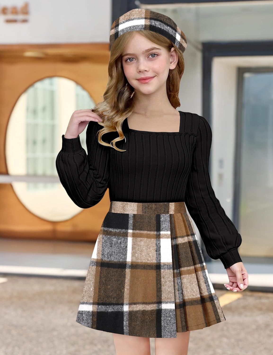 NECIOUS Girls Skirt Set Square Neck Puff Sleeve Shirt Tops Plaid Mini Skirt Shorts with Beret 3 Piece Fall Winter Outfit - Image 2