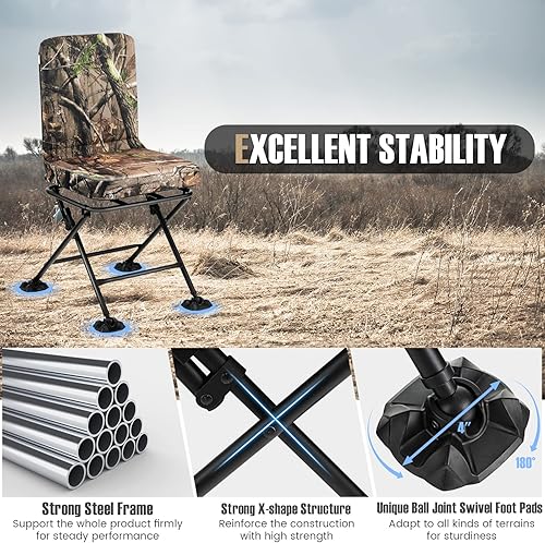 Miniatura 7 de Tangkula Silla de caza silla giratoria de 360 grados con cojín acolchado almohadillas ajustables para pies sillas de caza plegables portátiles de