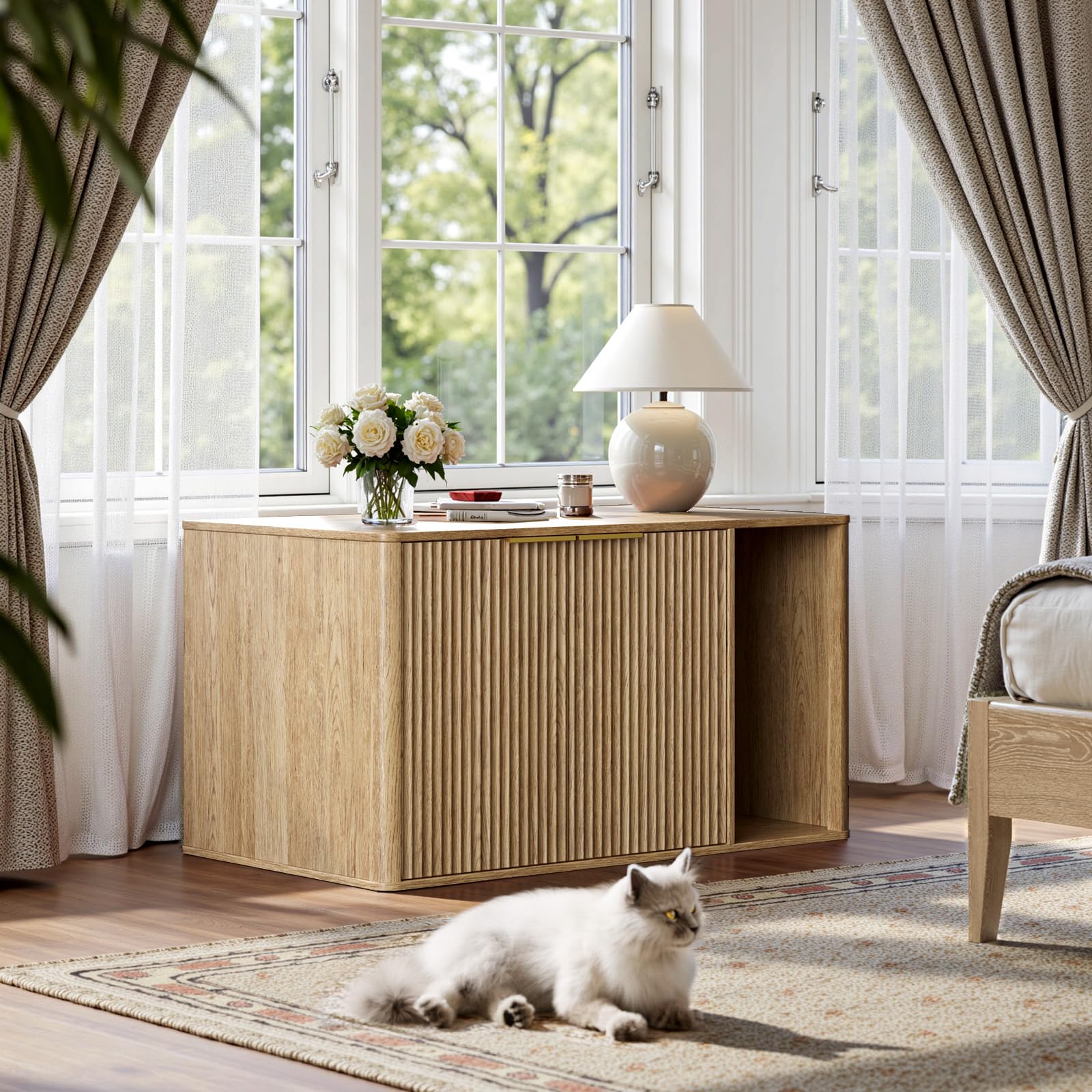 Katzenklo Schrank 90x50x50 cm, Katzenschrank für Katzentoilette aus Holz mit Kratzmatte, Verstecktes Katzenklo Haus für Wohnzimmer, Flur und Schlafzimmer, Buche
