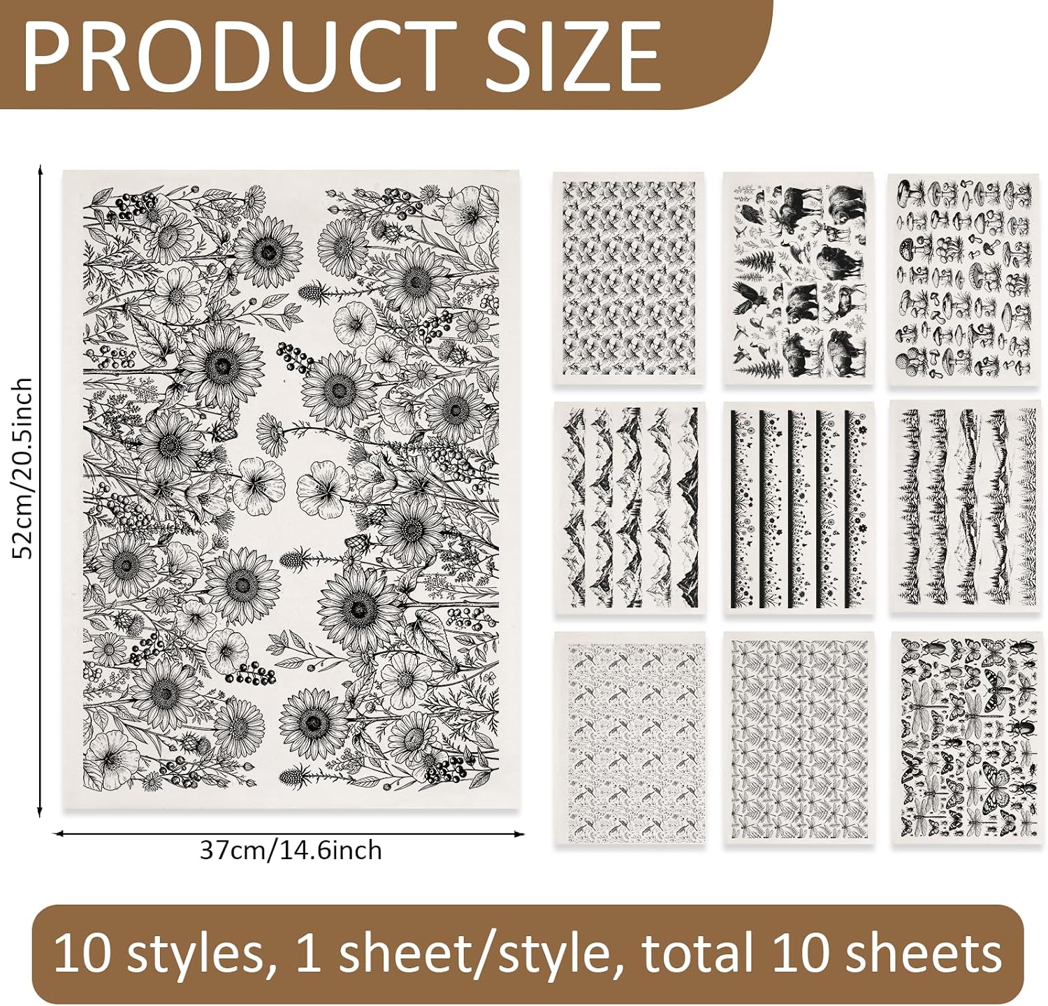 GLASSWINDS 10PCS Black Flower Underglaze Transfers for Pottery,14.6x20.5“