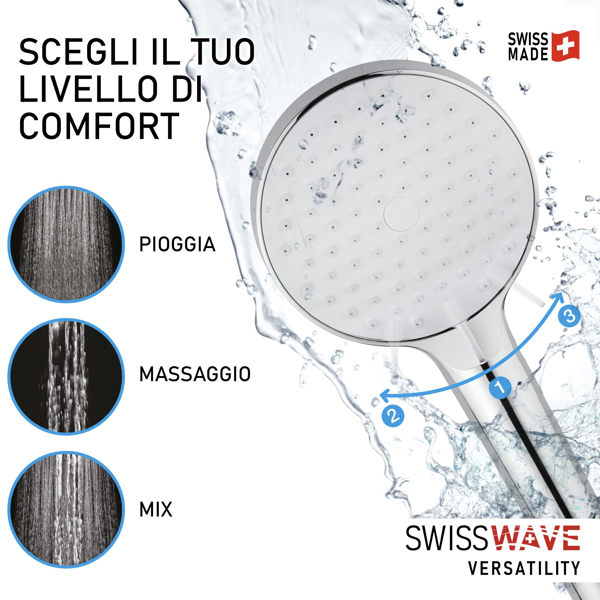 SwissWave - Barra de ducha Reno - Barra de acero inoxidable y soportes de ABS - Diseño moderno de ducha de mano - Fijaciones de pared ajustables para una fácil instalación - Cromado
