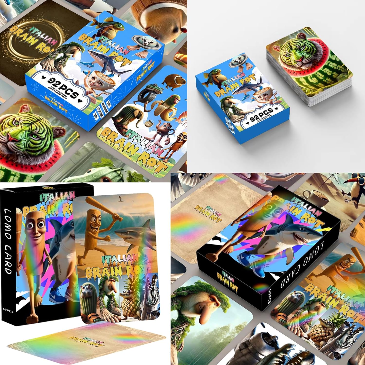Italian Brainrot Cards Set, 60pcs Standard Cards with 32pcs Stickers and 60pcs Holographic Laser Cards, Fantasy Creature Trading Cards, No Duplicates