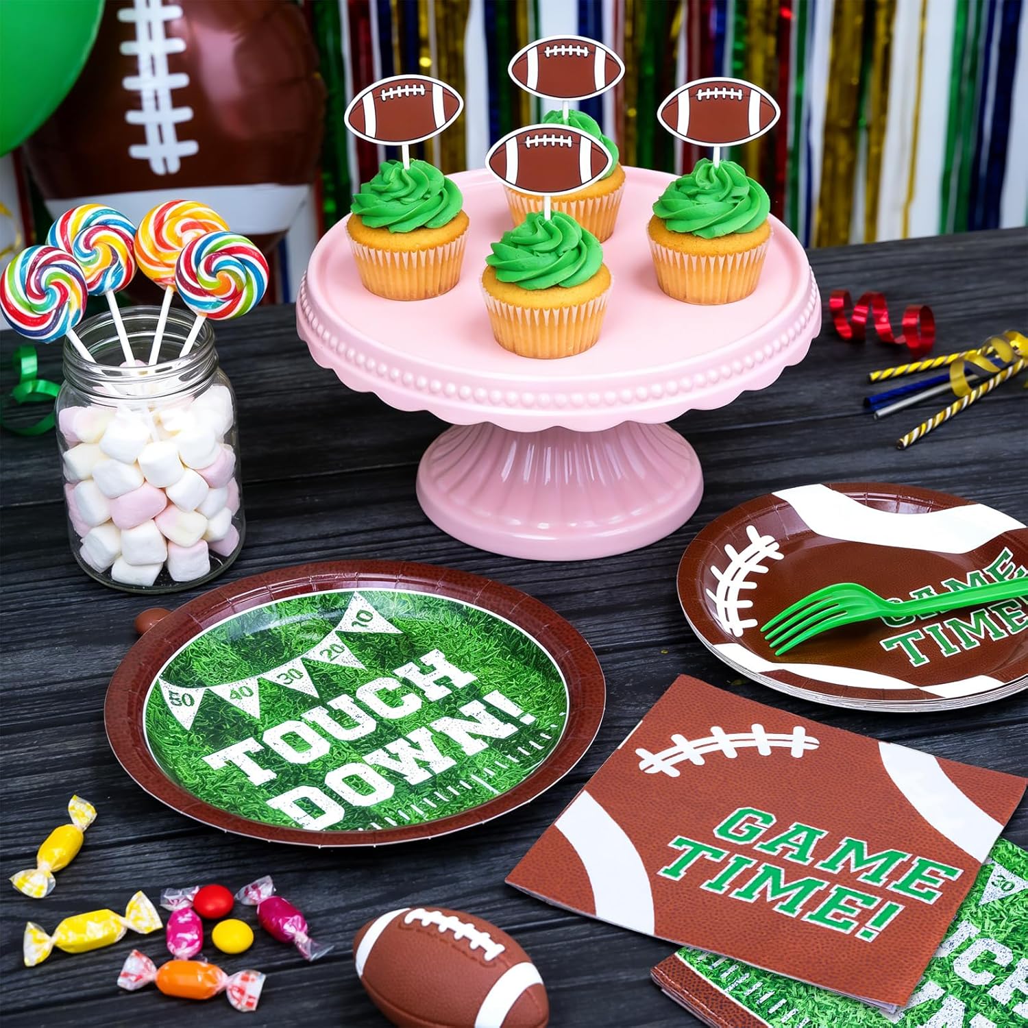YY 200 Football Party Paper Plates Dinnerware Set Disposable Dessert Plates, Dinner Plates with Napkins Forks Serve 50 - Image 5