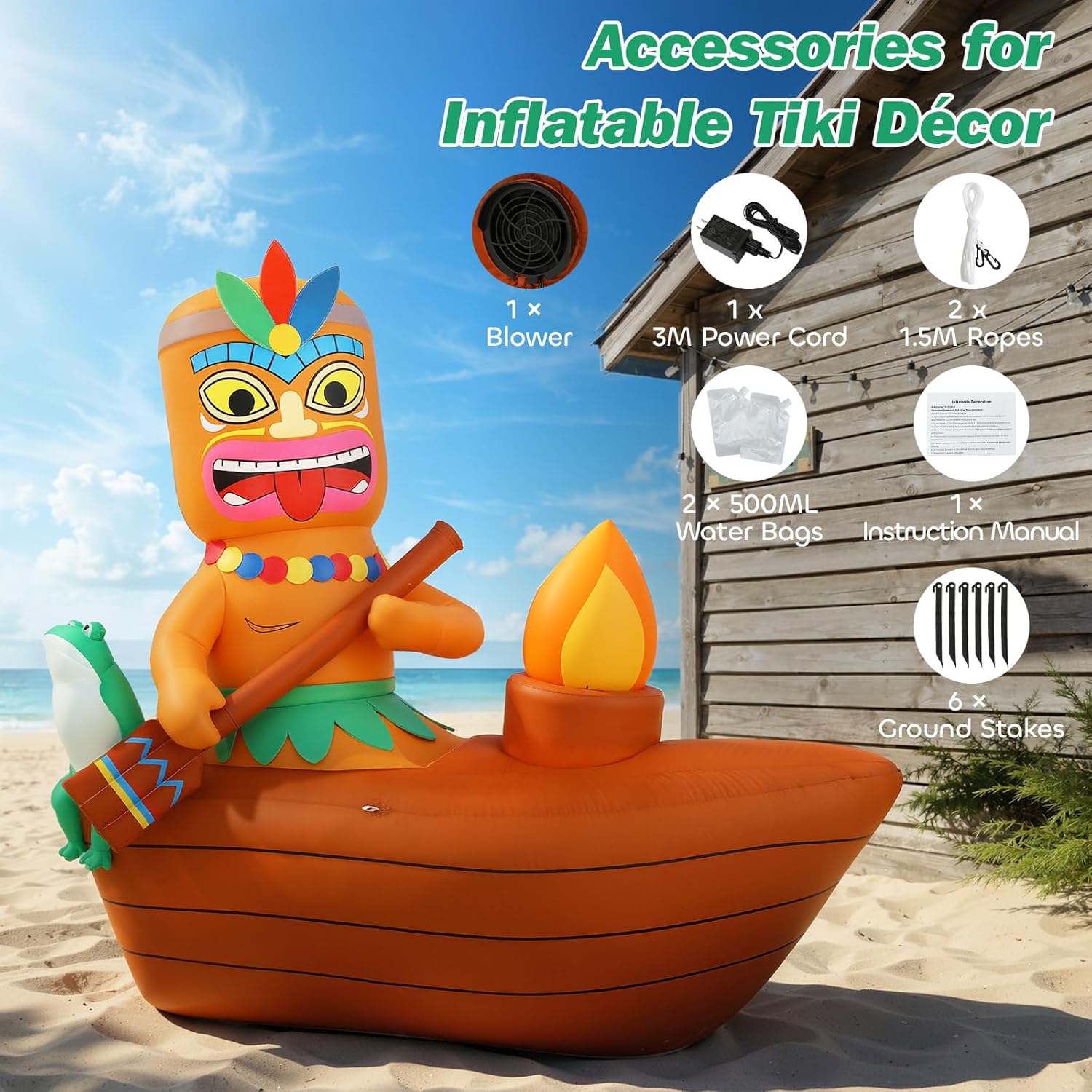 Lewondr 5.25FT Inflatable Tiki Luau Decor, Boat Luau Party Decorations, Blow up Hawaiian Outdoor Decorations with 6 LED Lights, Summer Outdoor Inflatables for Tropical Pool Beach Yard Lawn