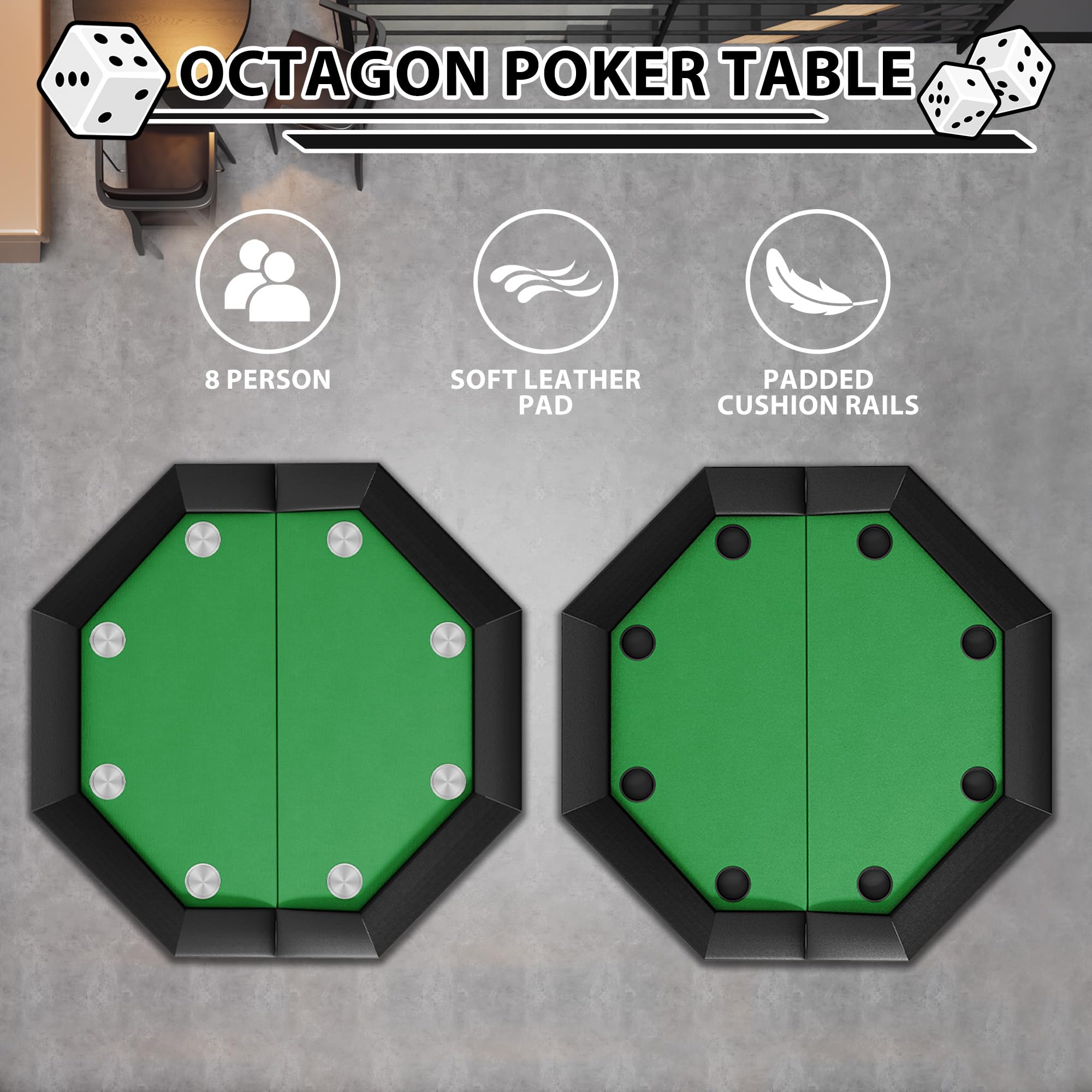 Garvee Faltbarer Poker Tisch für 8–10 Personen – Octagon Design, Edelstahlbecherhalter, Robustes Eisengestell, klappbare Beine – Ideal als Casino Spieltisch oder Kartentisch für Texas Hold'em &