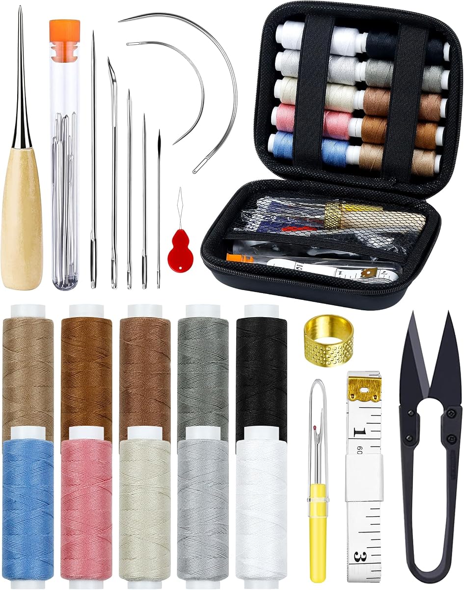 Kit de costura para reparación de tapicería, kit de costura resistente con punzón de costura, 47 piezas | Kit de costura, agujas de ojo grande, punzón de costura, descosedor, hilo de coser, reparación de tapicería, artesanía en cuero, manualidades de bricolaje, viajes
