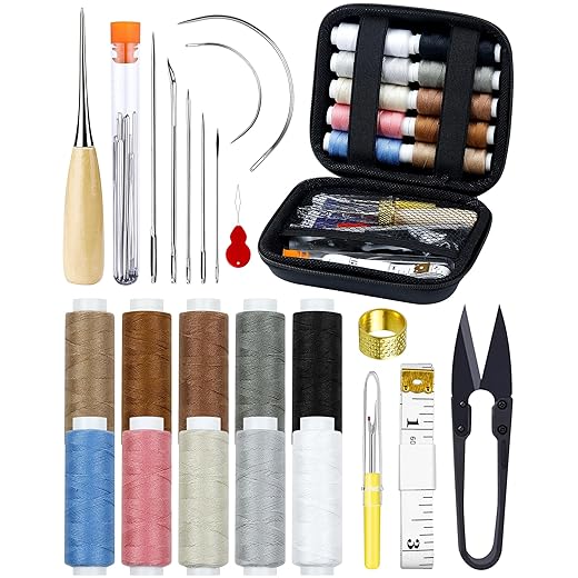 PLANTIONAL Upholstery Repair Sewing Kit: 47 Pieces Heavy Duty Sewing Kit with Sewing Awl, Seam Ripper, Leather Hand Sewing Stitching Needles, Sewing Thread for Car, Sofa, Backpack, Shoe, Craft DIY