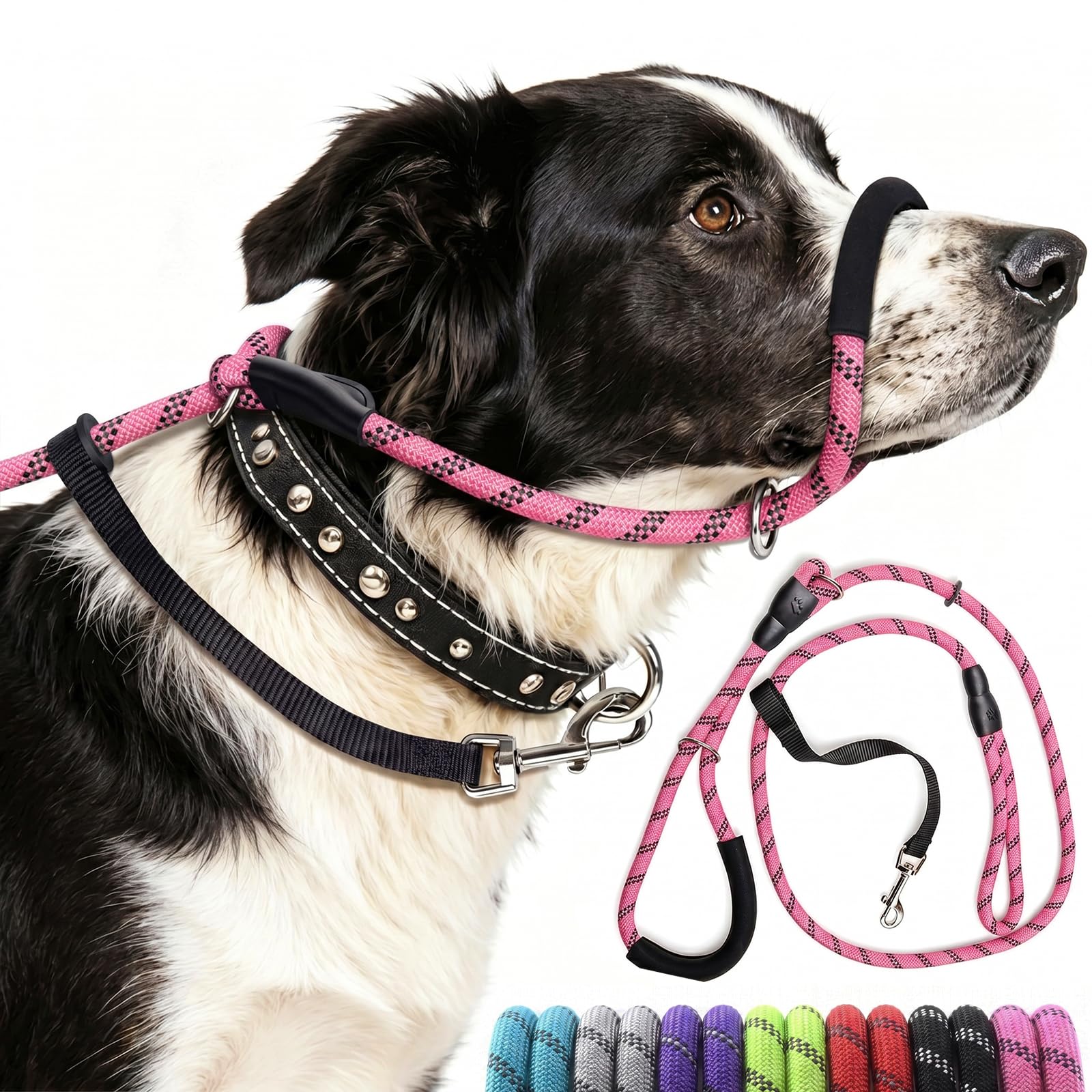 Figure of 8 Dog Lead for Medium, Large Dog, Nose Pad & Reflective, Pink