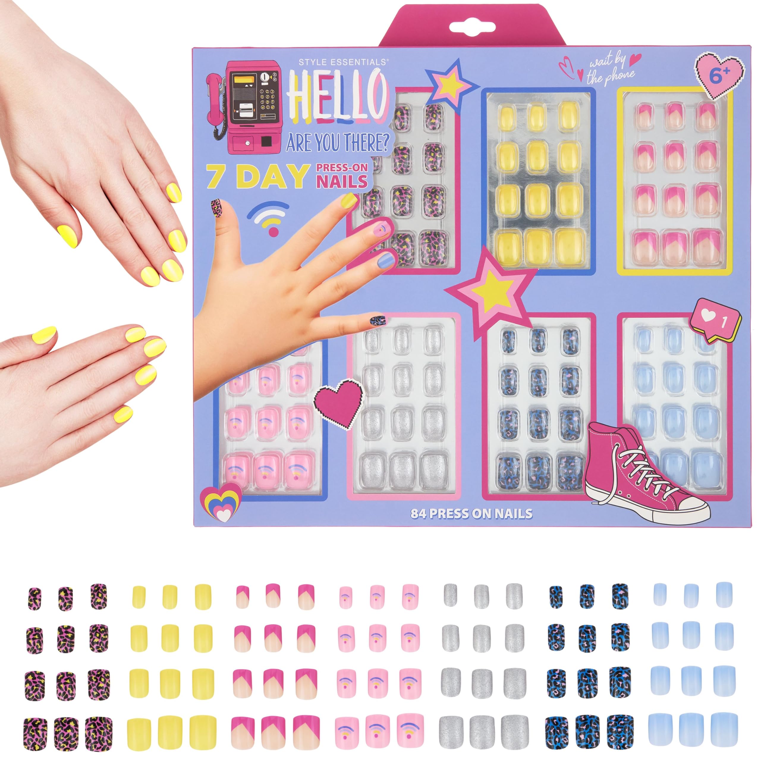 7 Day Manicure Collection - 84PC Press On Nail Set, Day-Of-The-Week Adhesive False Nails for Girls (HELLO THERE Collection) – Colorful Novelty Designs