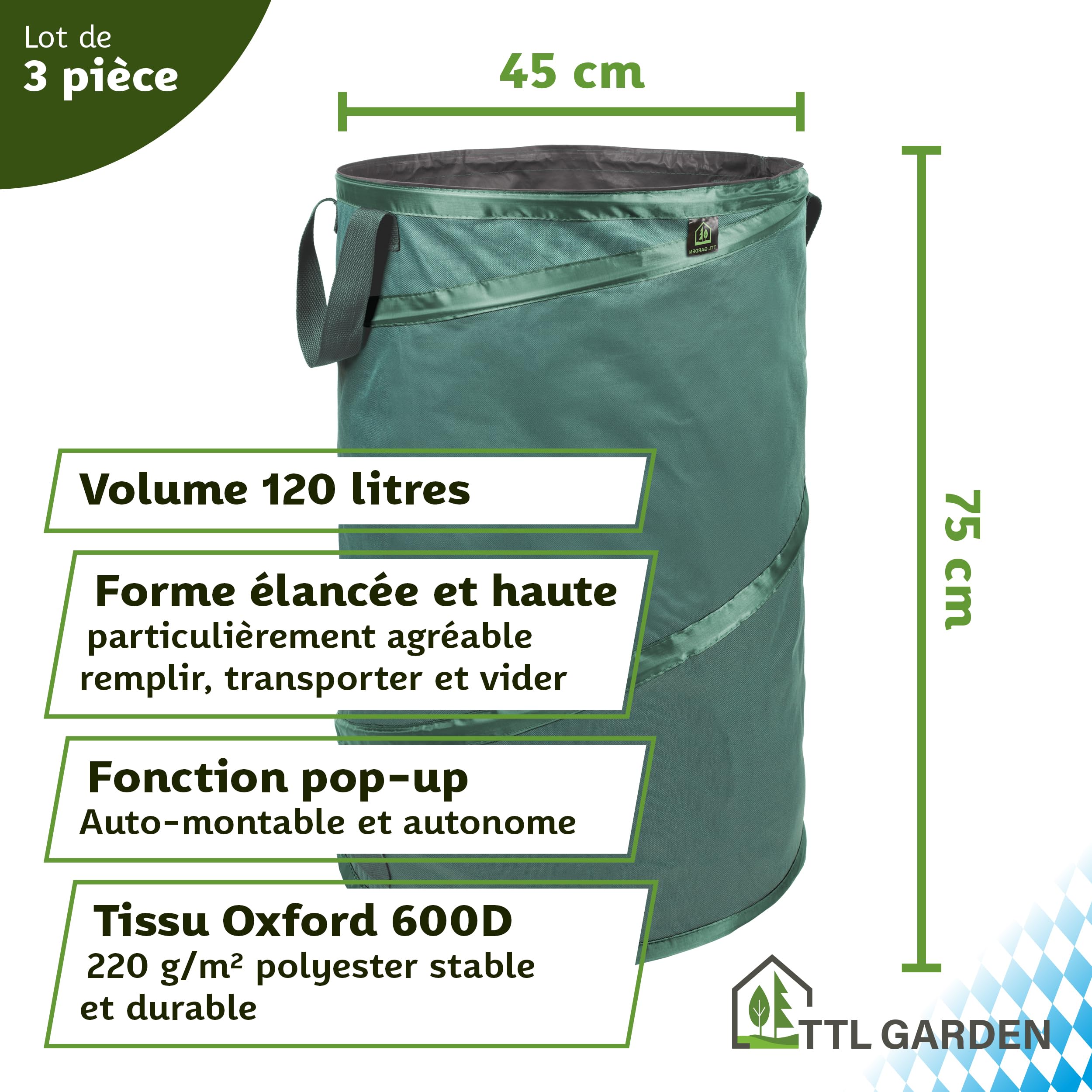 TTL Garden - Pop Up - Lot de 3 sacs à feuilles de jardin - 120 l - Tissu extra robuste - Idéaux pour déchets de jardin - Pliable autoportant